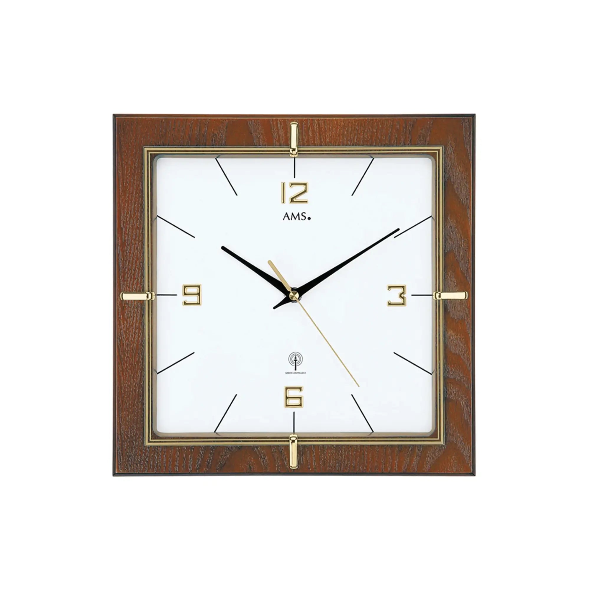 Wanduhr mit Nussbaum-Holzrahmen, weißem Zifferblatt, goldenen Indexen und Zeigern