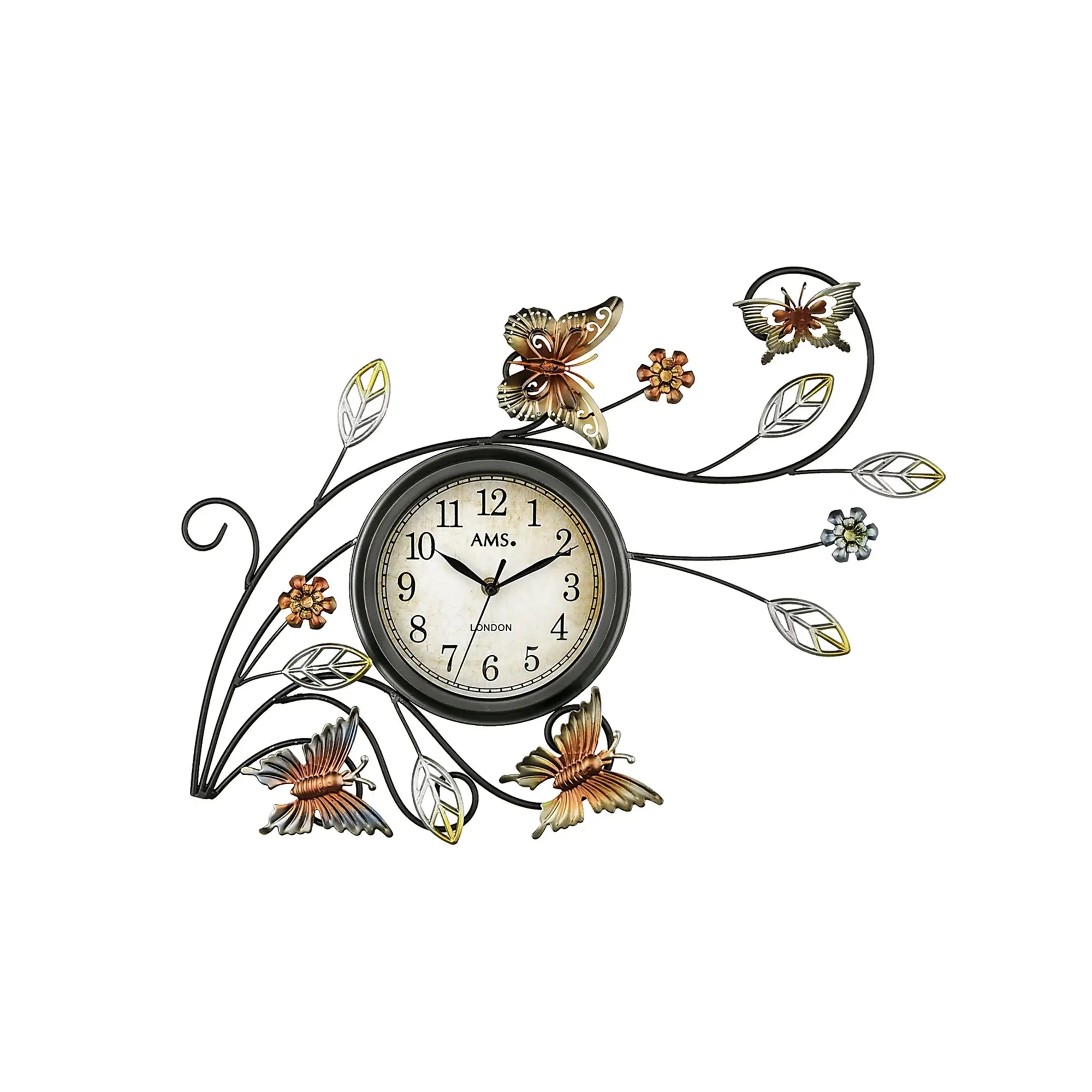 Runde Wanduhr mit schwarzem Metallrahmen und farbigen Metallblüten, AMS, Wanddeko