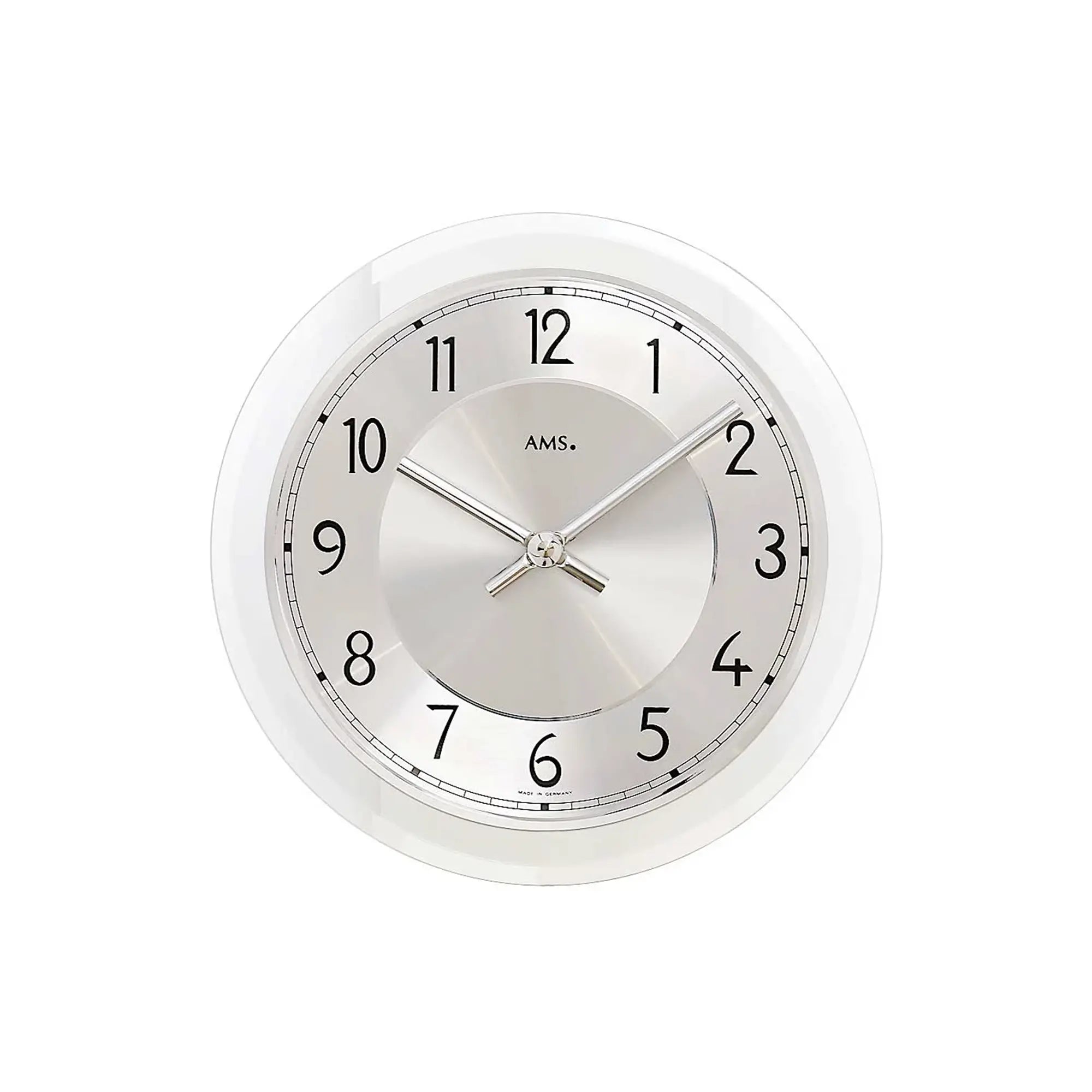 Wanduhr mit silbernem Gehäuse und facettiertem Mineralglas, Aluminium-Zifferblatt
