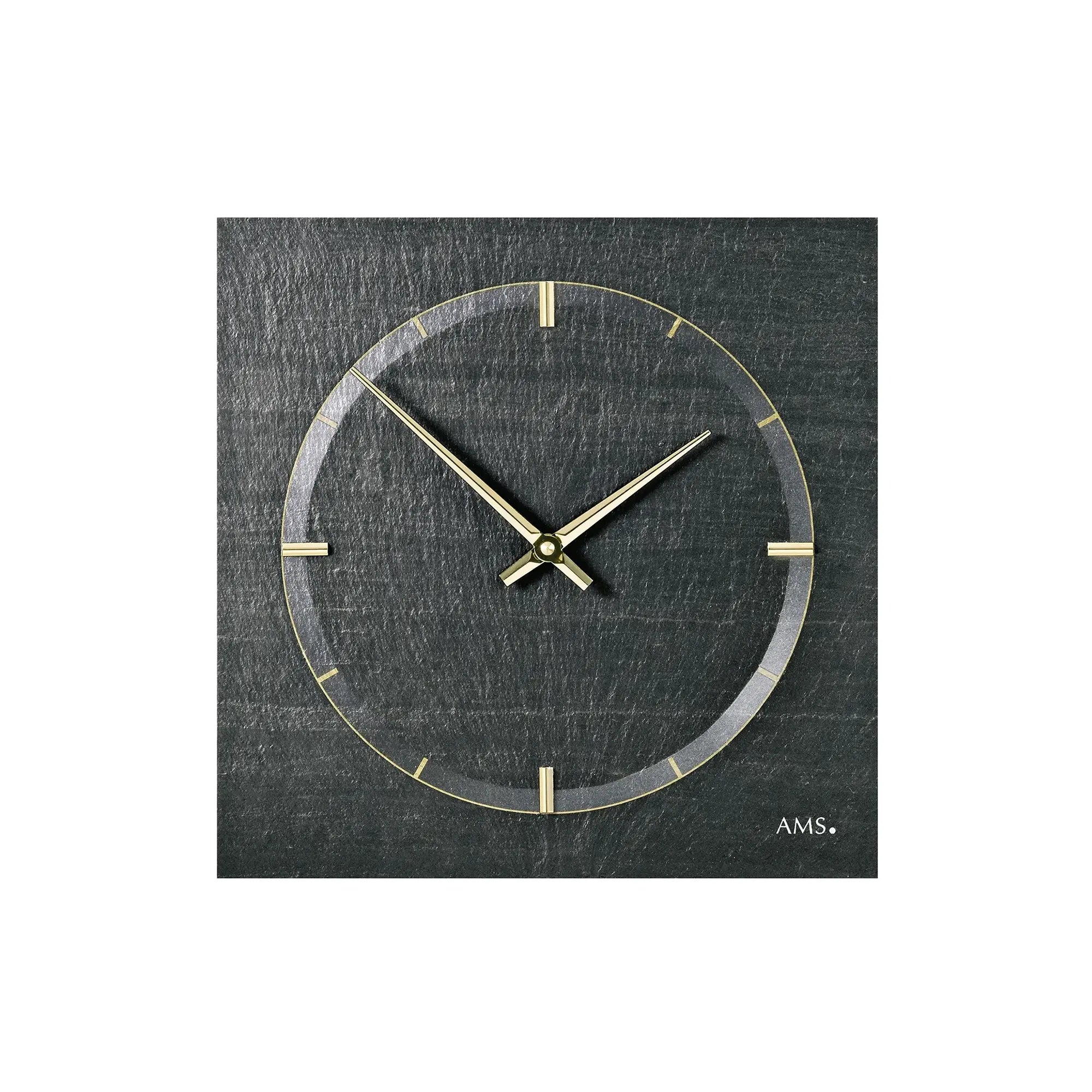 Runde Wanduhr aus Naturschiefer mit goldenen Zeigern und Indexen, AMS.