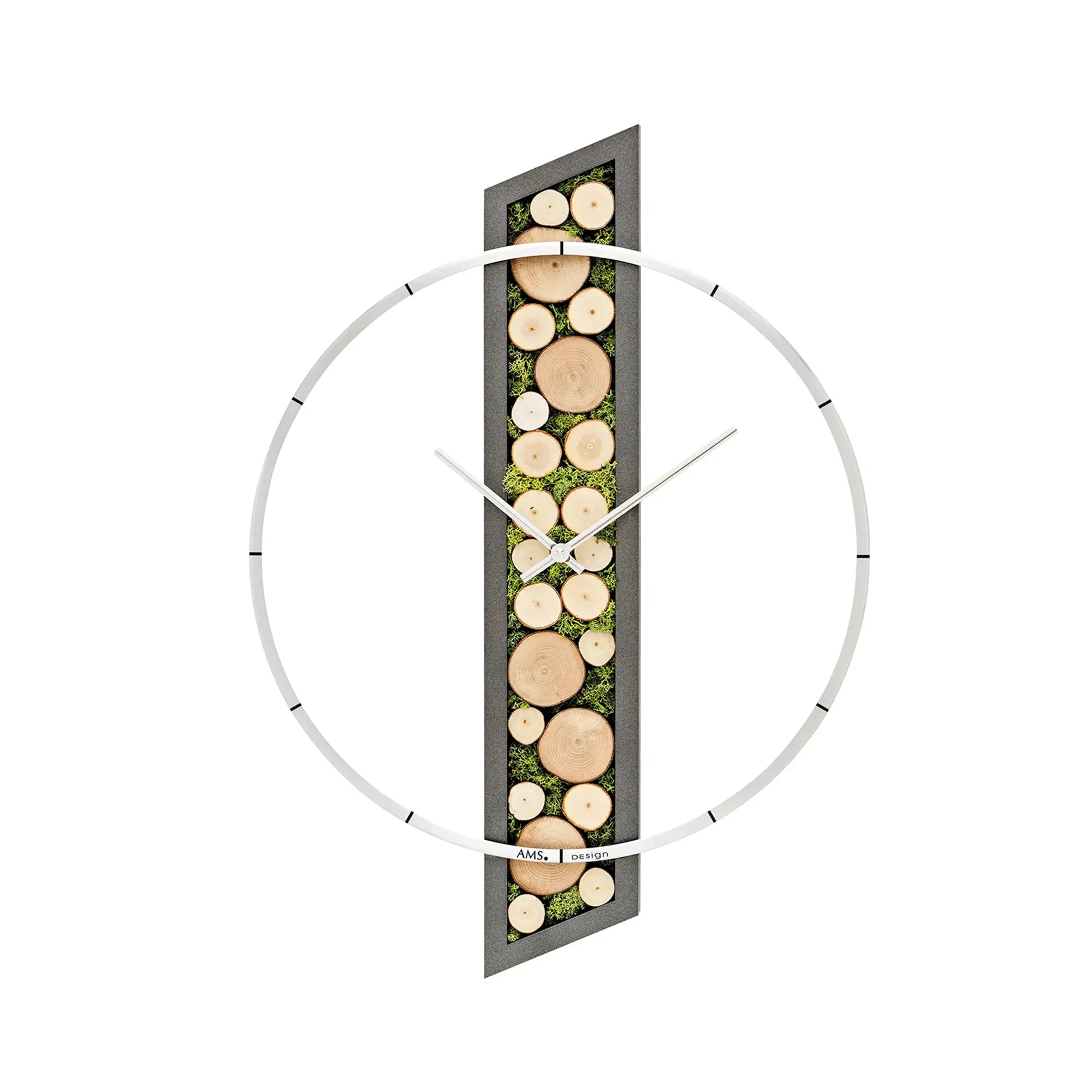 Wanduhr mit massivem Holzgehäuse und Aluminium-Frontring, Holzscheiben-Design