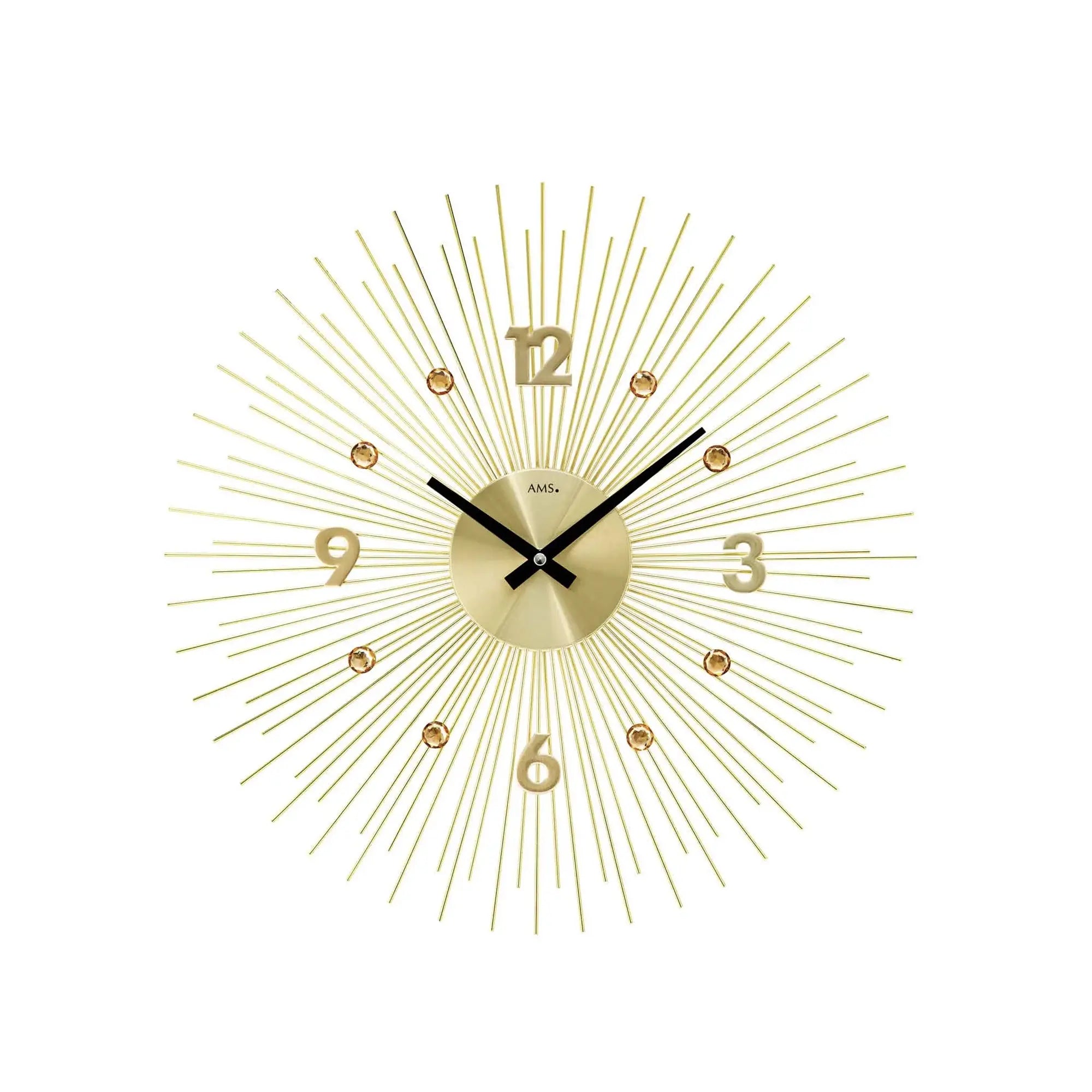 Goldene Wanduhr mit Sonnenschein-Strahlen, rundem Zifferblatt und schwarzen Zeigern