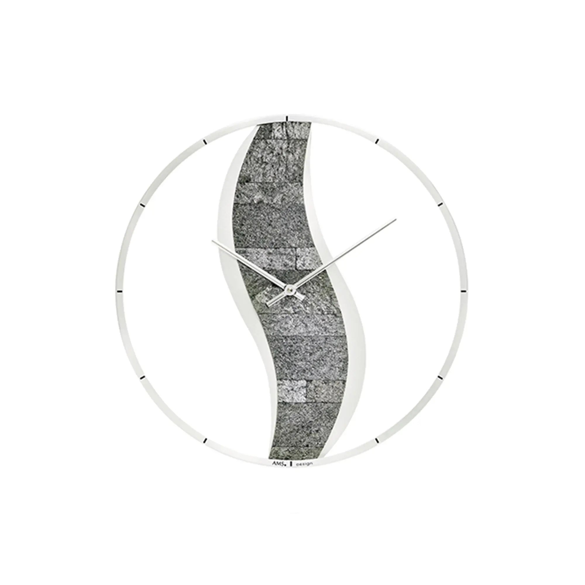 Wanduhr mit silbernem Rahmen und grauem Stein-Einsatz, Zeiger auf gebogener Fläche