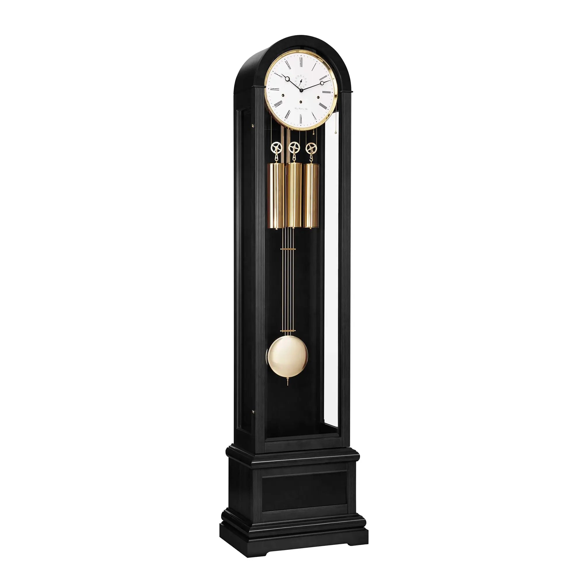 Reloj de pie Hermle con caja negra, esfera blanca y varillas de péndulo doradas