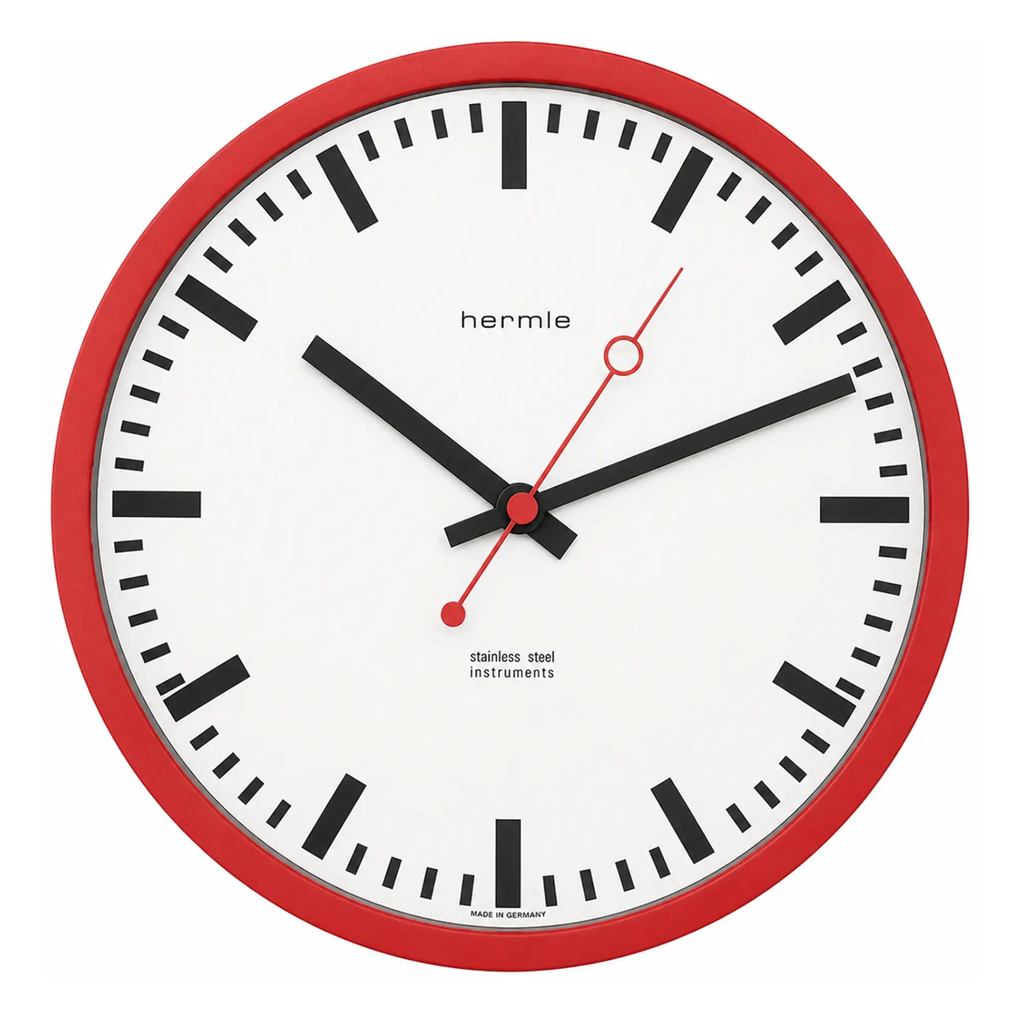 Reloj de pared con borde rojo, esfera blanca y manecillas negras