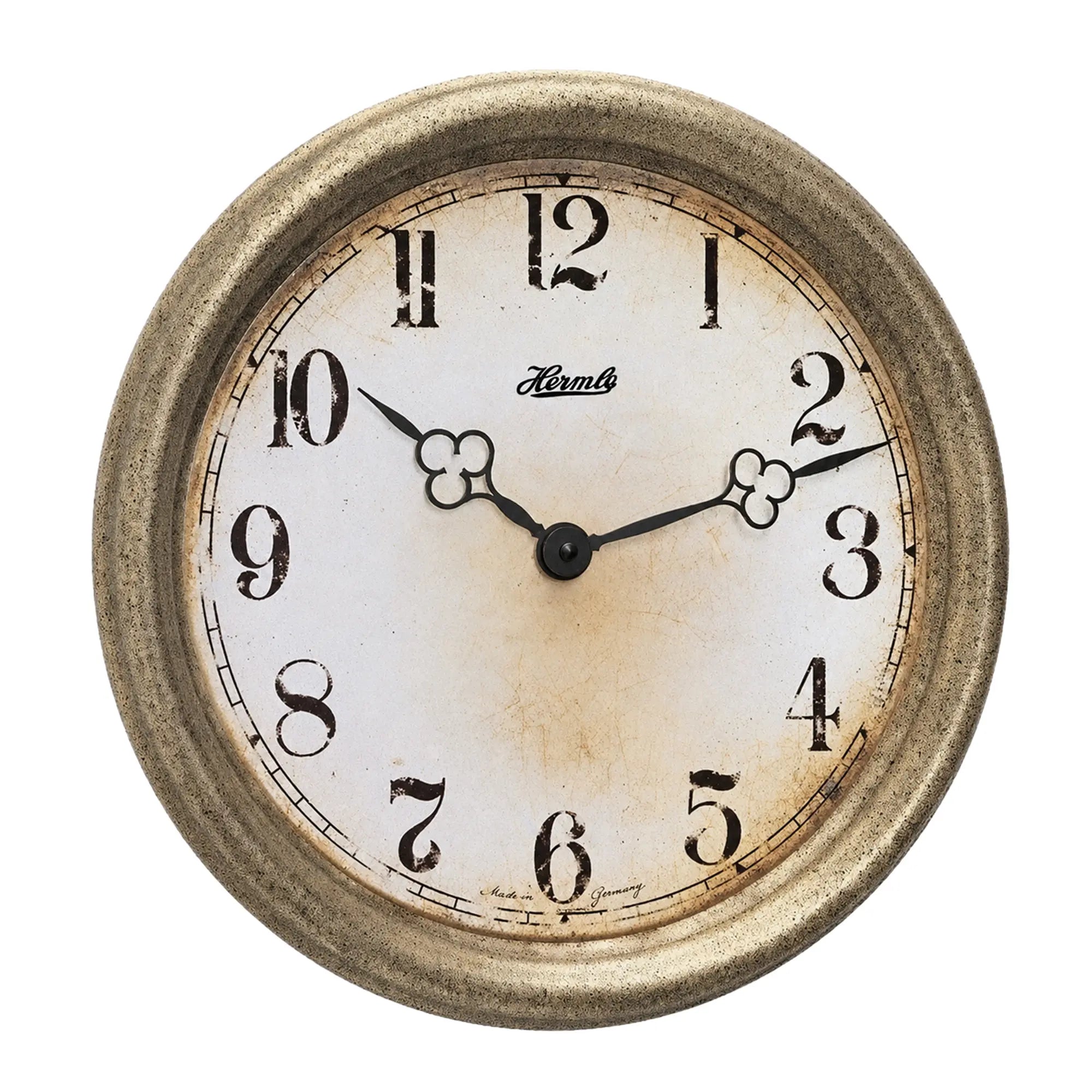 "Reloj de pared con marco redondo de latón, esfera blanca y manecillas negras, Hermle"