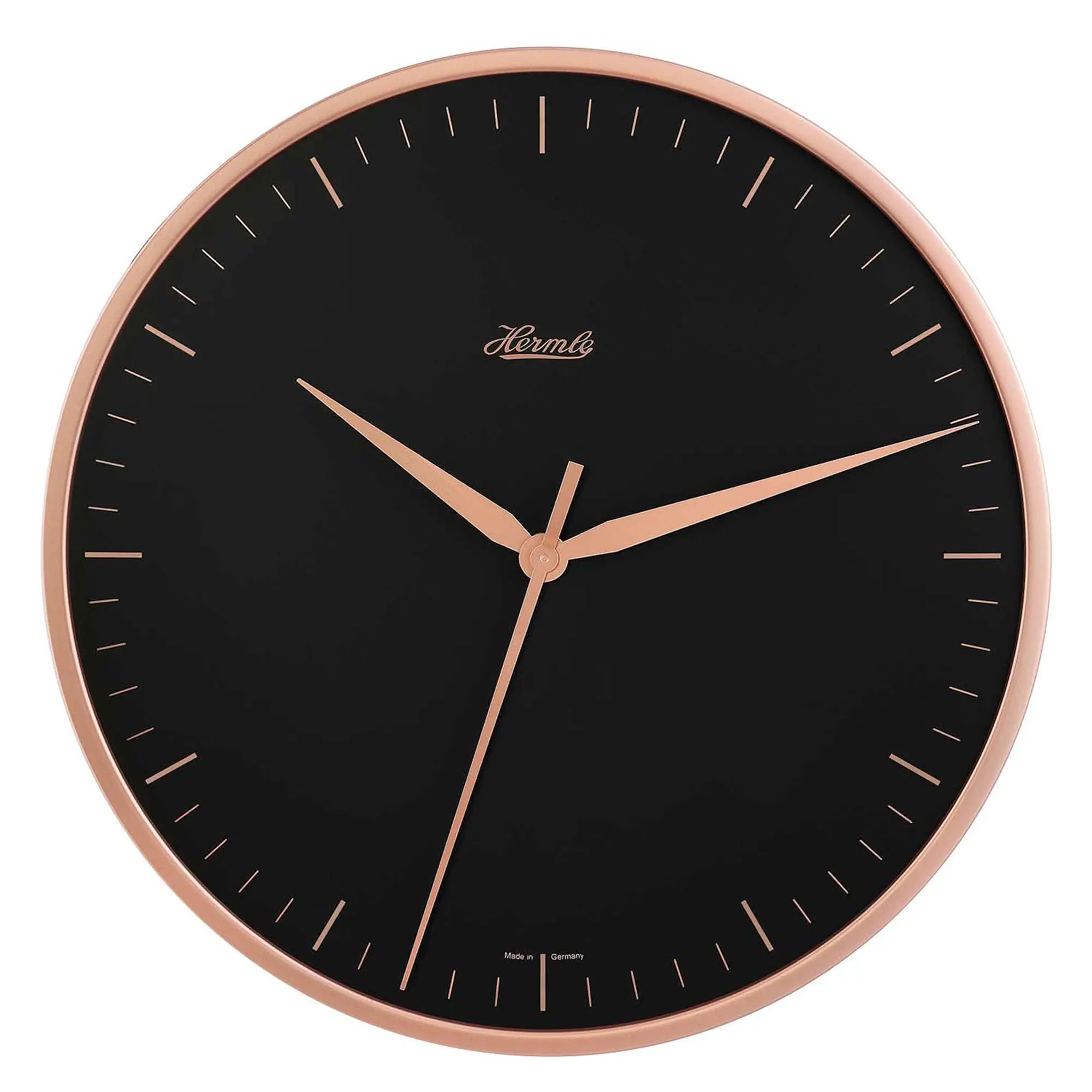 Reloj de pared Hermle con esfera negra, manecillas de oro rosa y borde metálico