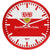 Reloj de pared redondo con marco rojo y borde blanco, logo del VfB y "furchtlos und treu"