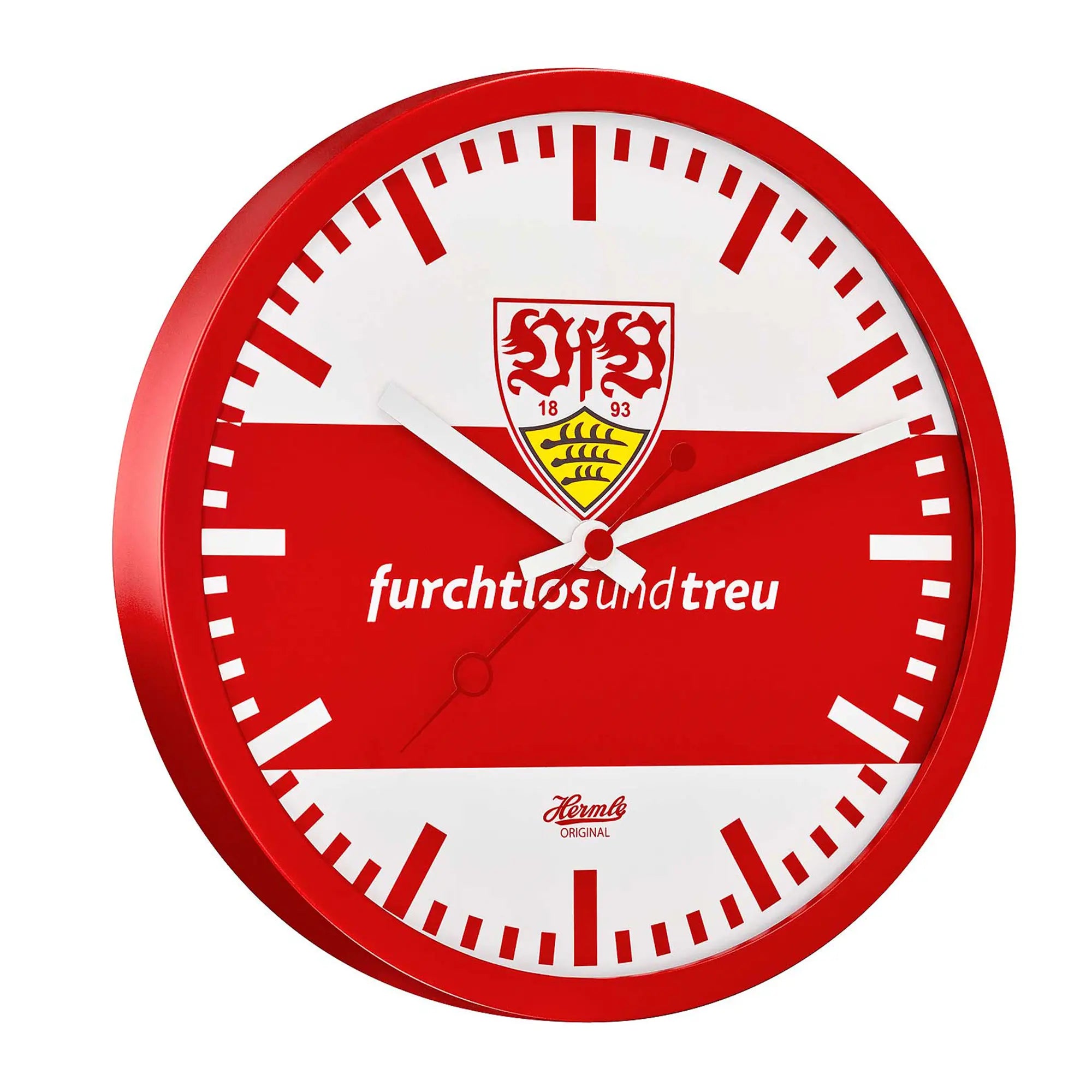 Reloj de pared redondo con marco rojo, esfera blanca, emblema del VfB y manecillas plateadas