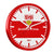 Reloj de pared redondo con marco rojo, esfera blanca, emblema del VfB y manecillas plateadas