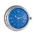 Reloj de pared con esfera azul y caja plateada, números romanos