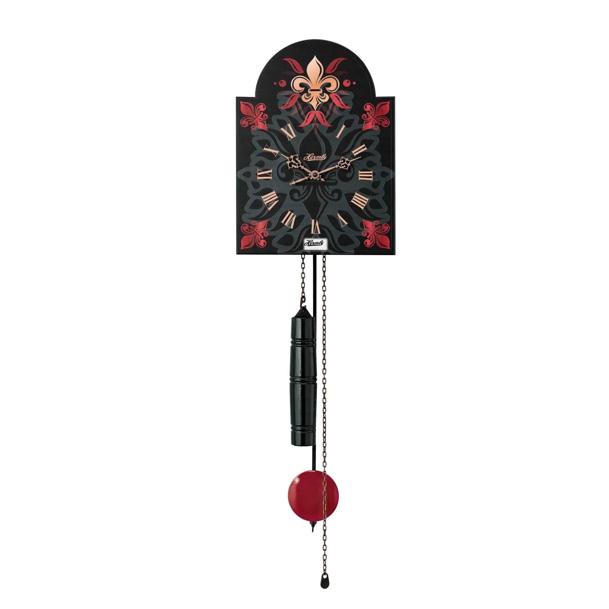 Reloj de pared con caja de madera negra, péndulo rojo y cadena de metal