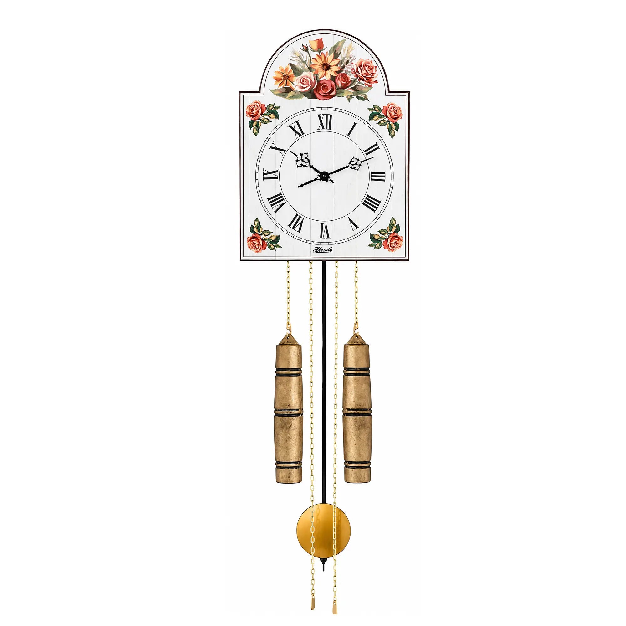 Reloj de pared con decoración floral, esfera romana y contrapesos dorados