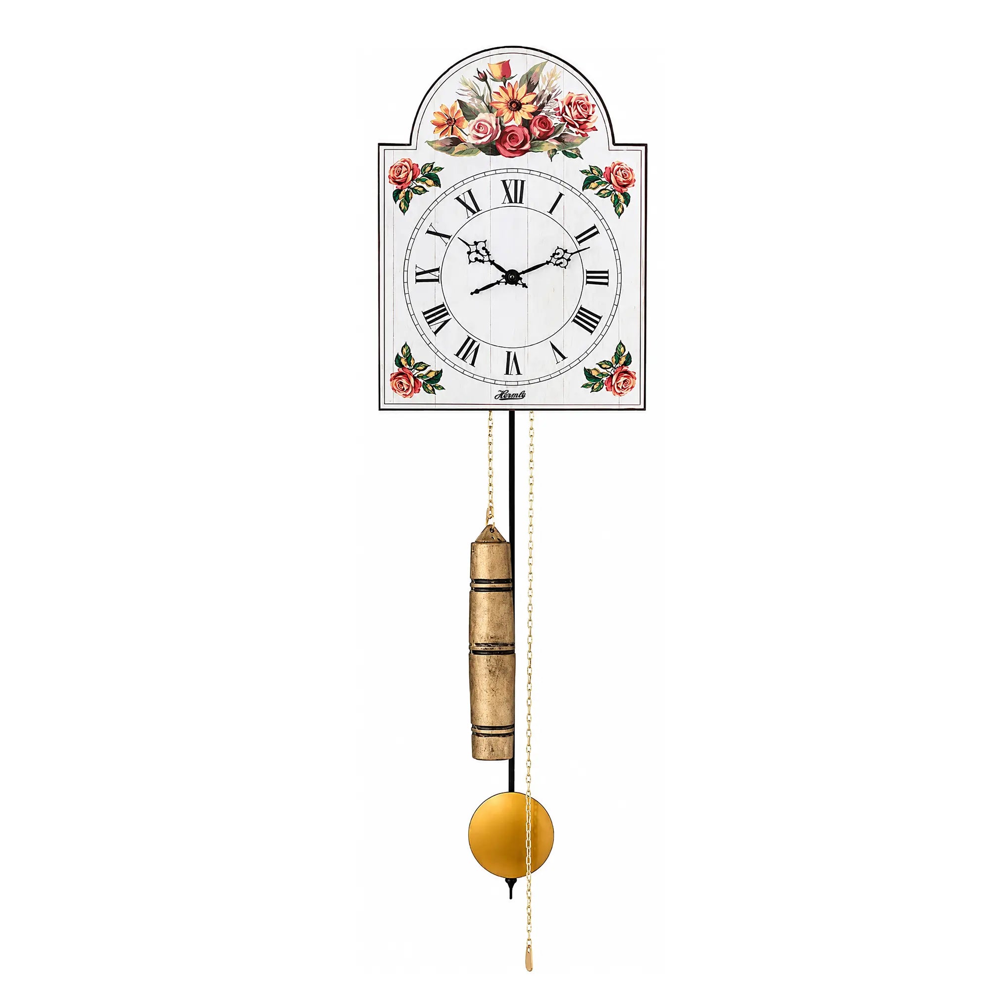 Reloj de pared con esfera de flores, caja de madera y péndulo dorado