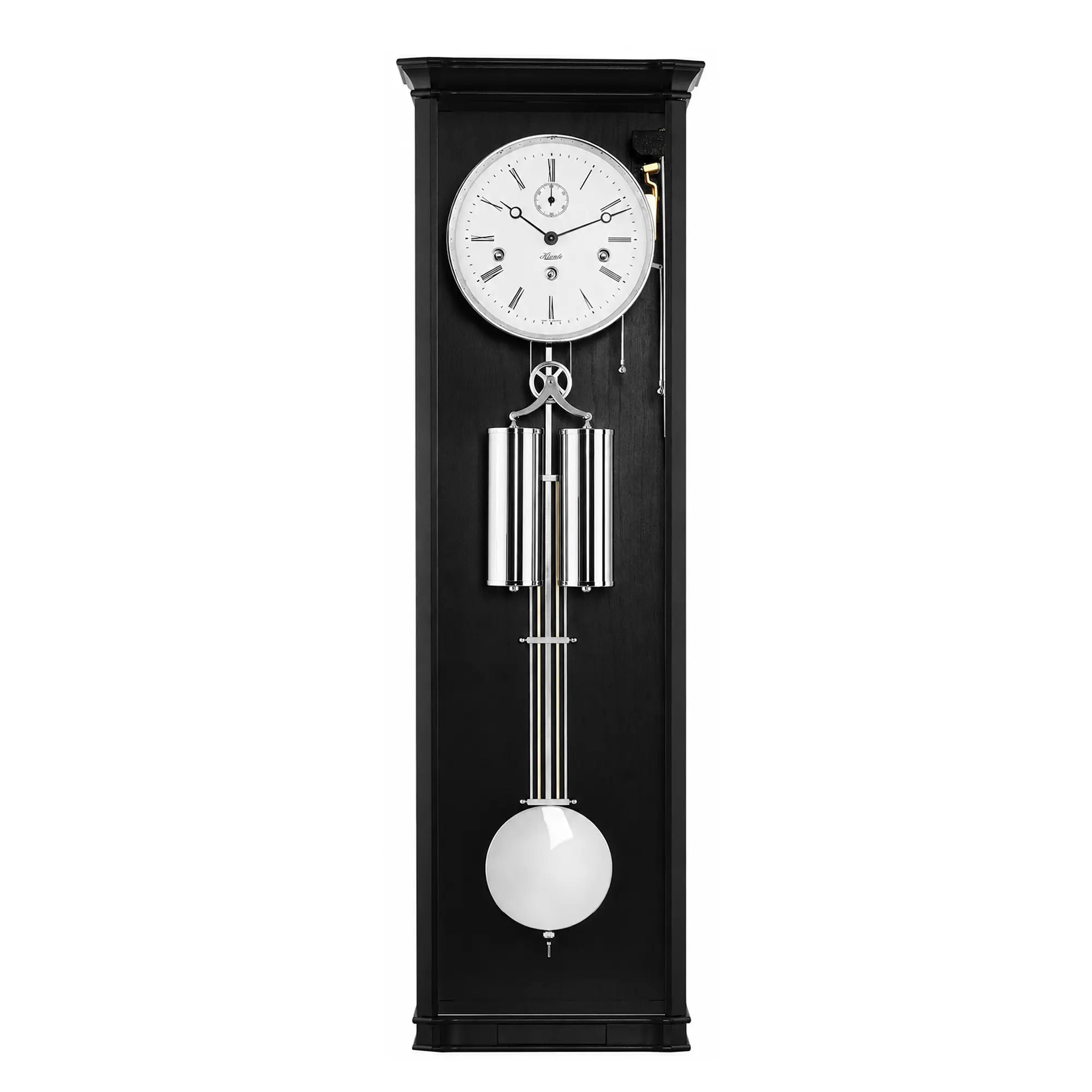 "Reloj de pared con caja negra, esfera blanca y piezas de péndulo plateadas"