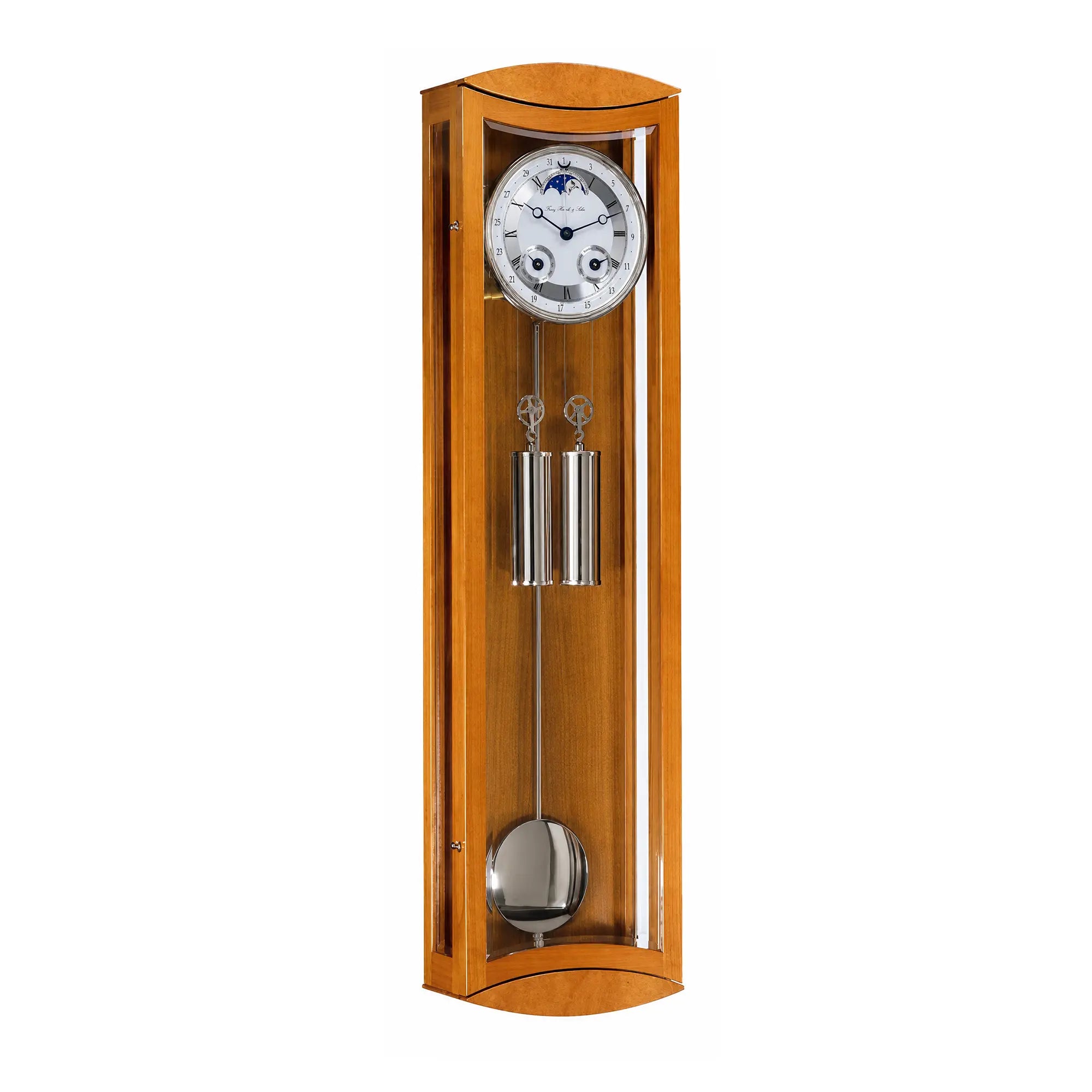 Reloj de pared de madera con esfera redonda y péndulo de metal, caja marrón con ventana de cristal