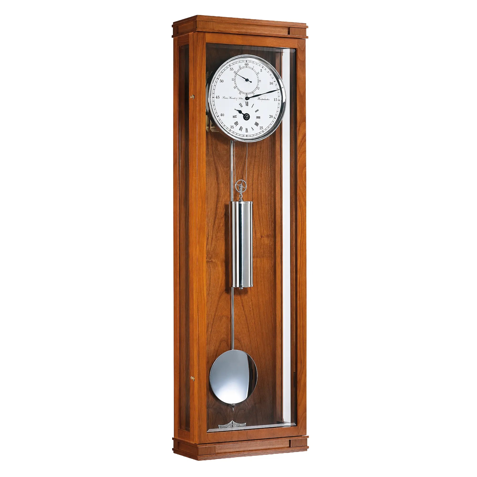 Reloj de pared de cerezo con frente de cristal, esfera redonda y péndulo