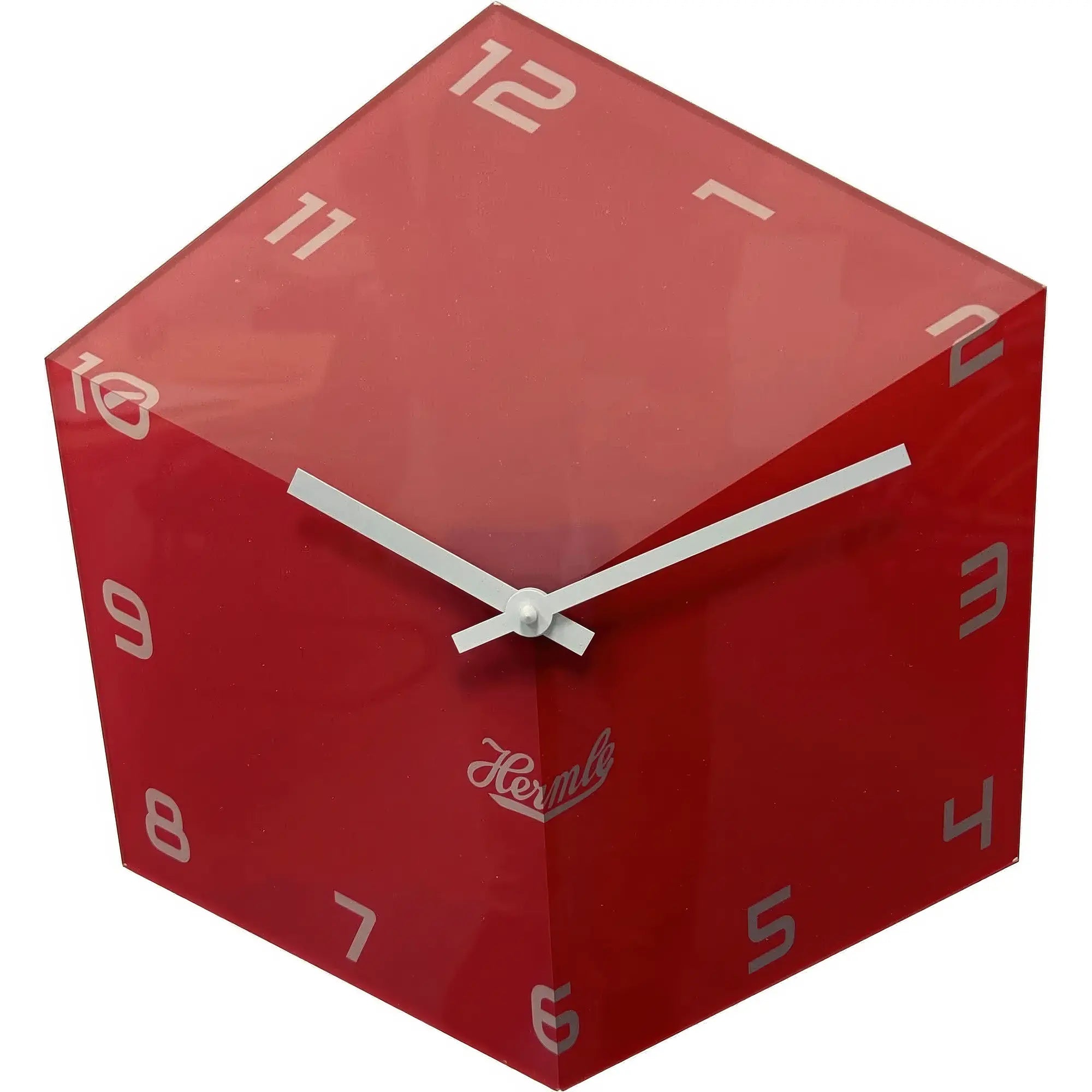 Reloj de pared rojo en caja cúbica de acrílico con manecillas blancas y logo Hermle