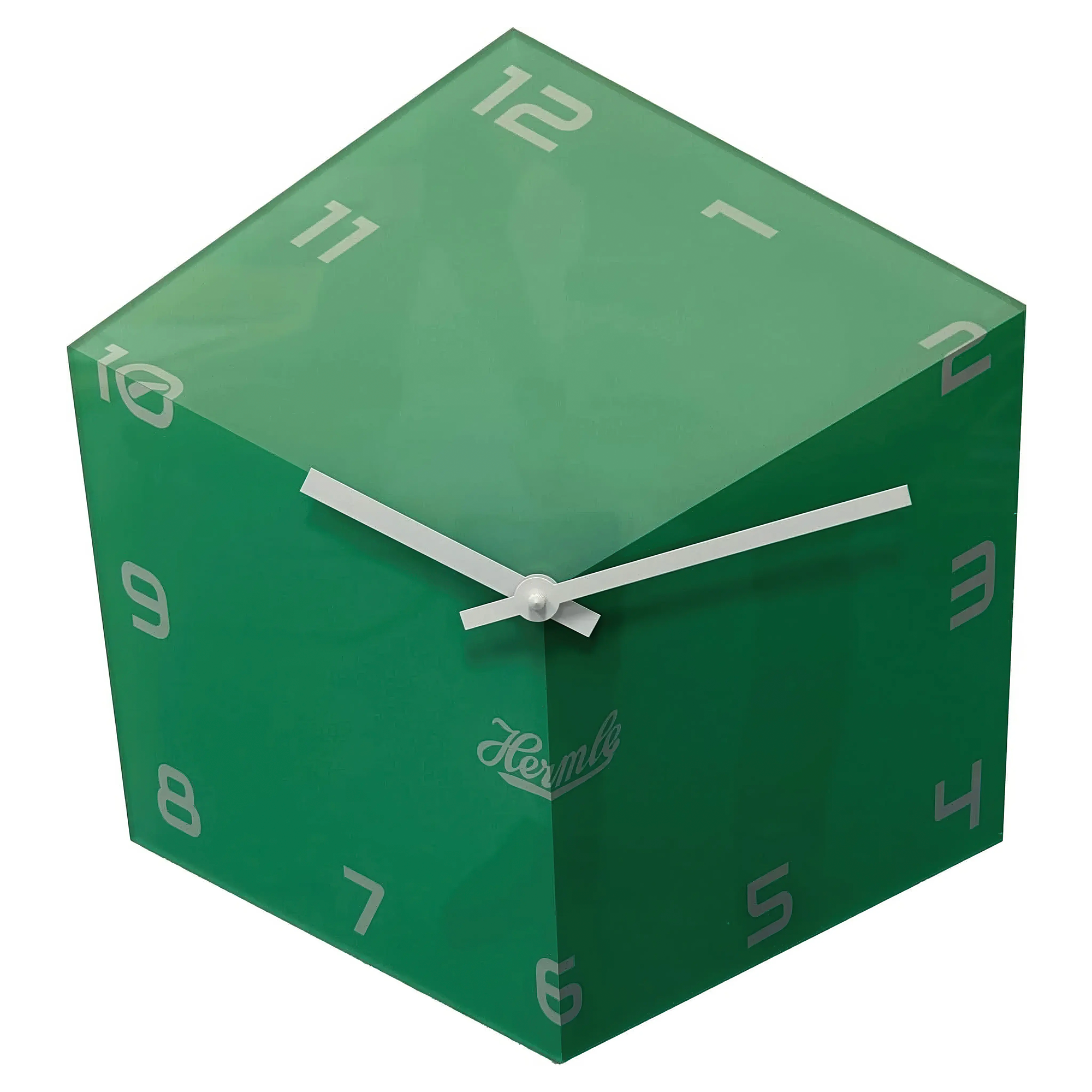 Reloj de pared de acrílico en forma de cubo verde con manecillas y números blancos, logo Hermle