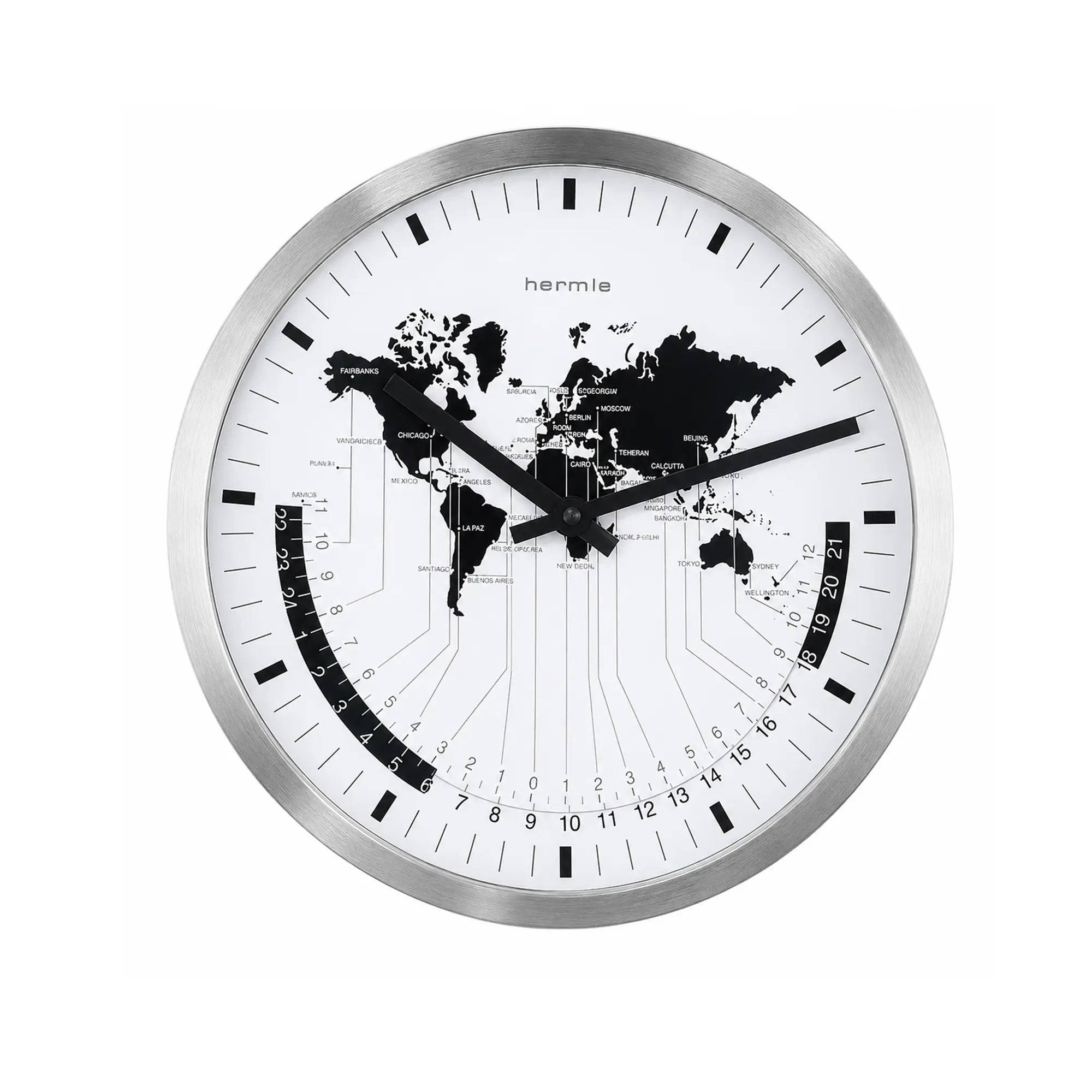 Reloj de pared redondo: marco de metal plateado, esfera blanca, mapa del mundo negro