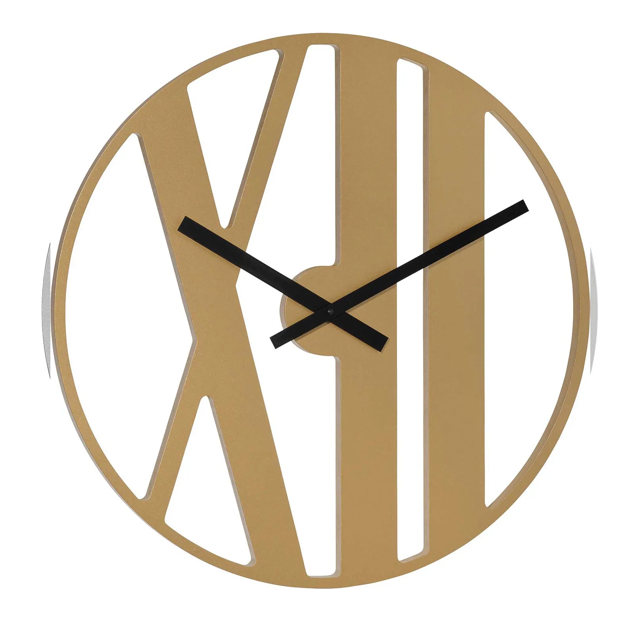 Reloj de pared redondo de madera, bisel dorado con marcadores de hora ranurados, manecillas negras