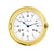 Reloj de pared redondo con marco de latón, esfera blanca y manecillas azules, números romanos.