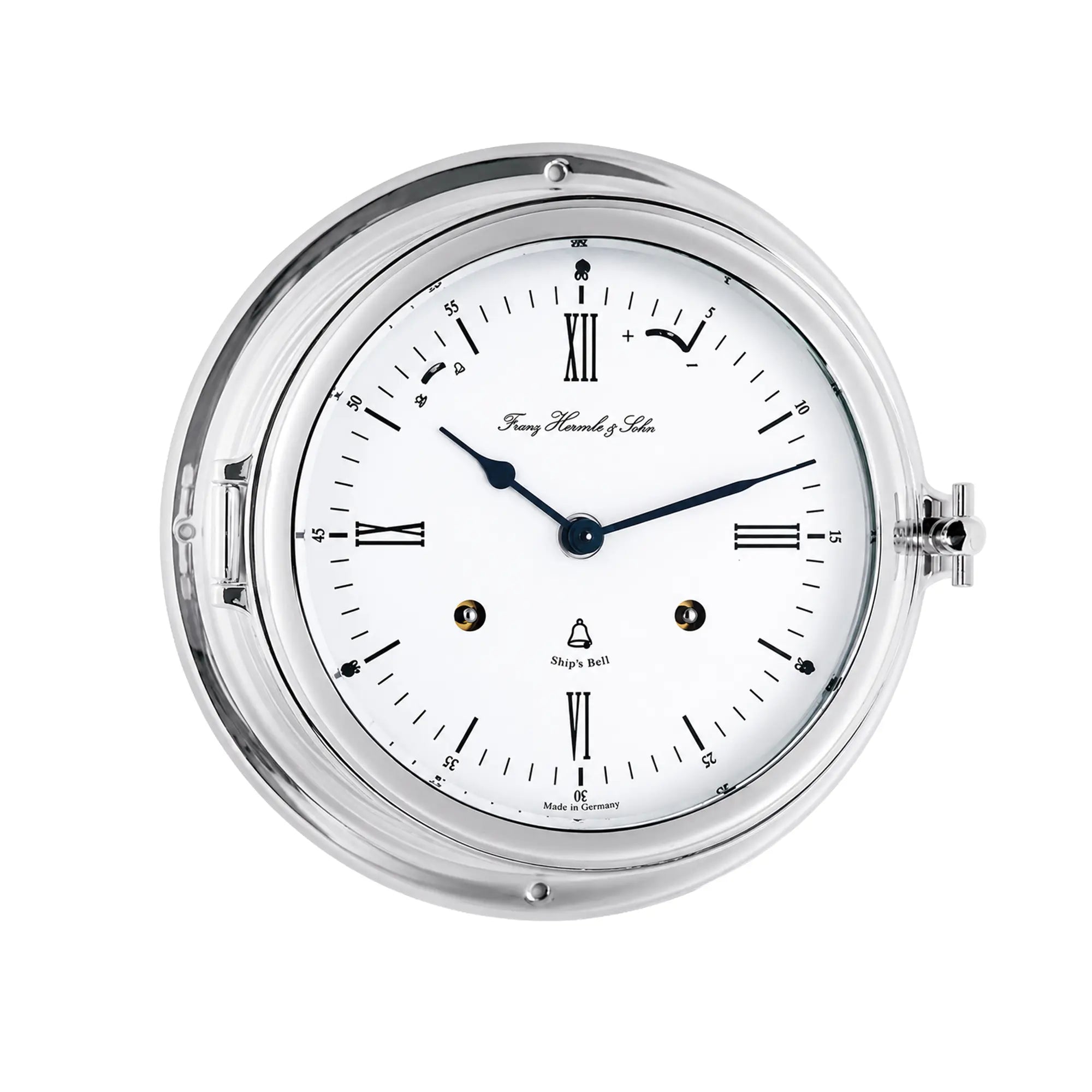 Reloj de mesa analógico redondo con esfera blanca, números romanos y manecillas azules