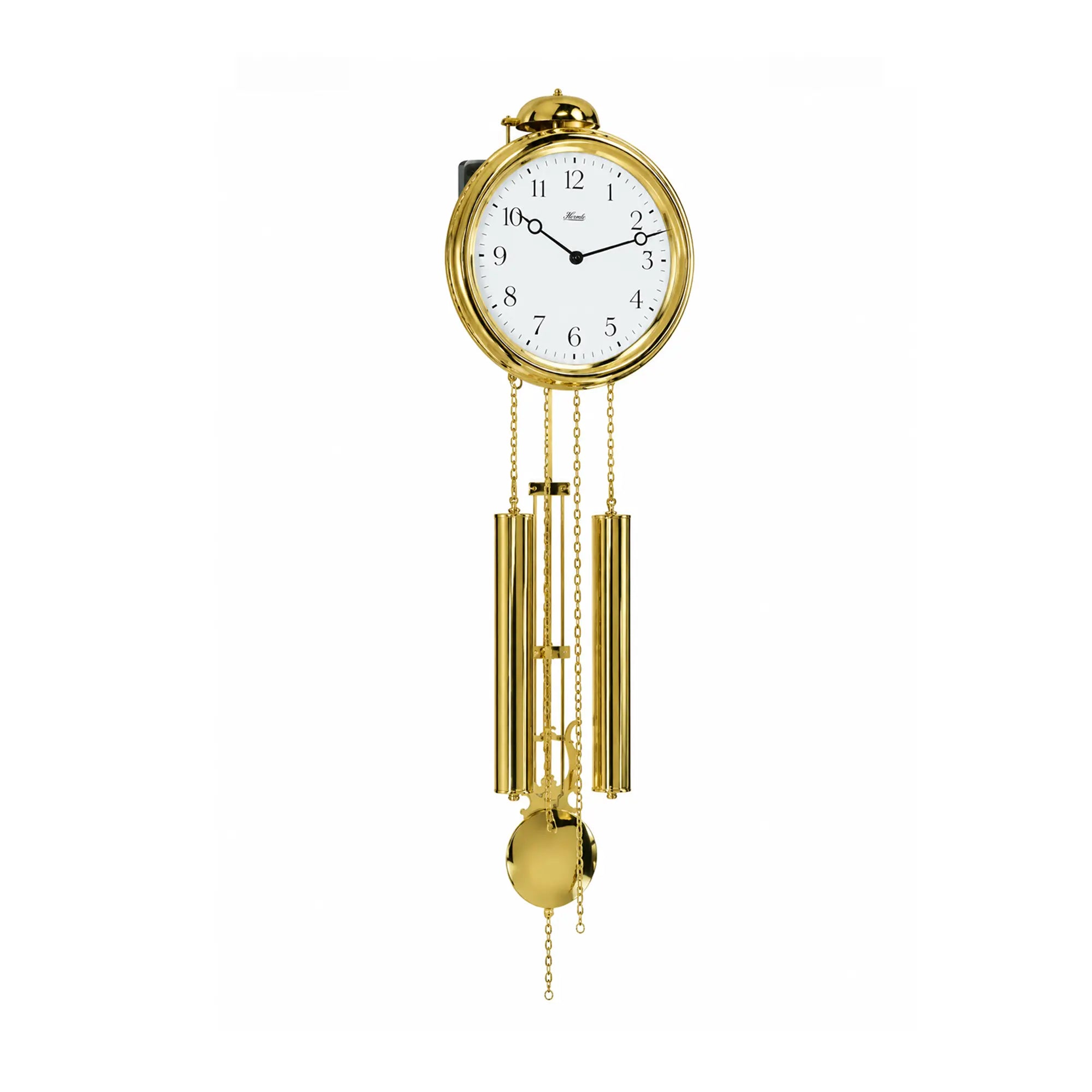 Reloj de pared dorado con esfera redonda y campana de cadena