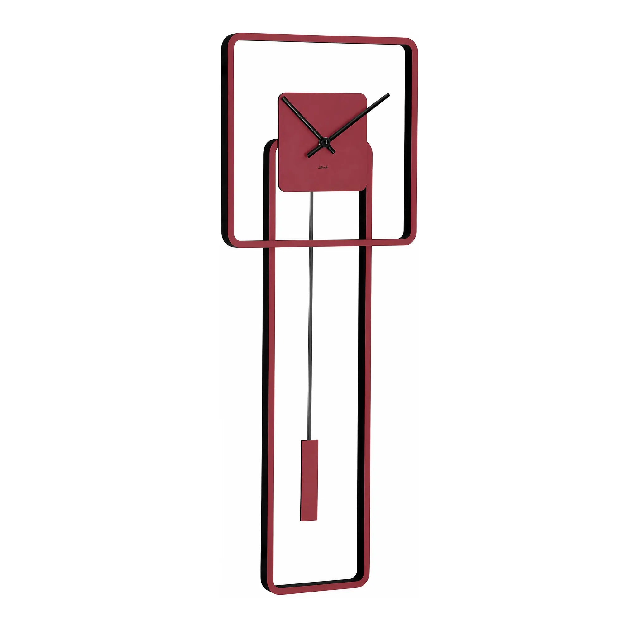 Reloj de pared rojo con esfera negra y manecillas negras