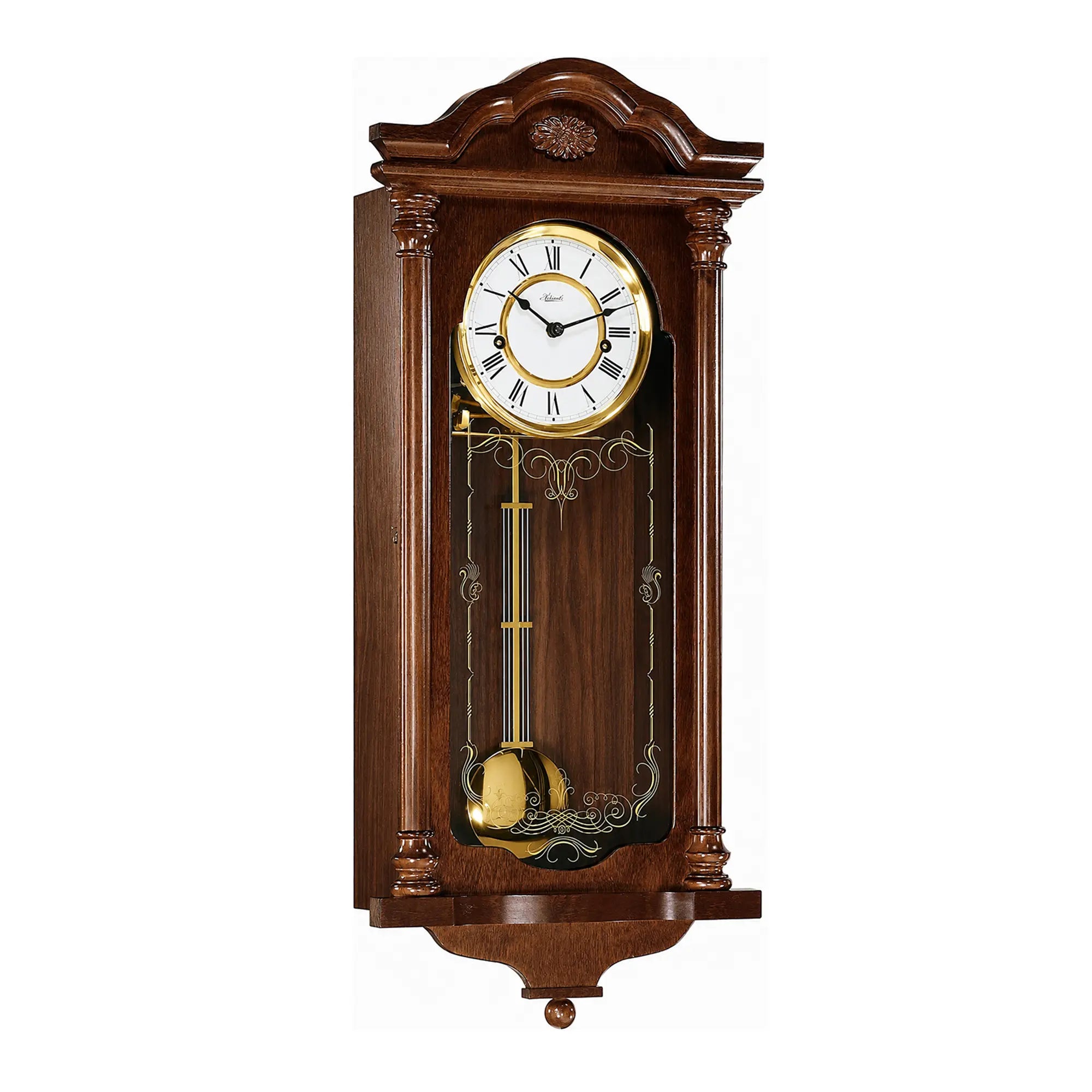"Reloj de pared de madera oscura con esfera blanca y ornamentos de péndulo delicados"
