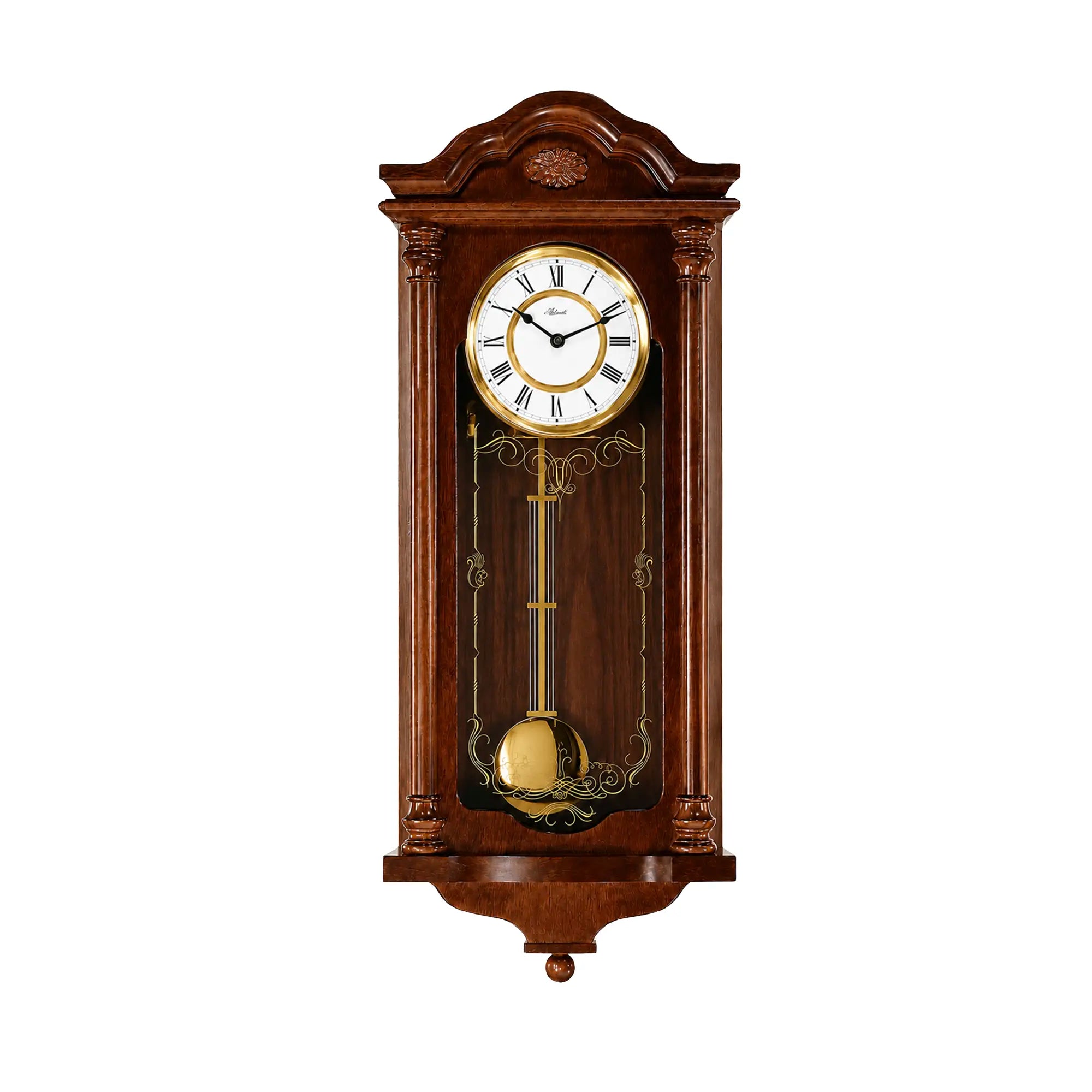 Reloj de pared de madera marrón con esfera redonda y área de péndulo dorada