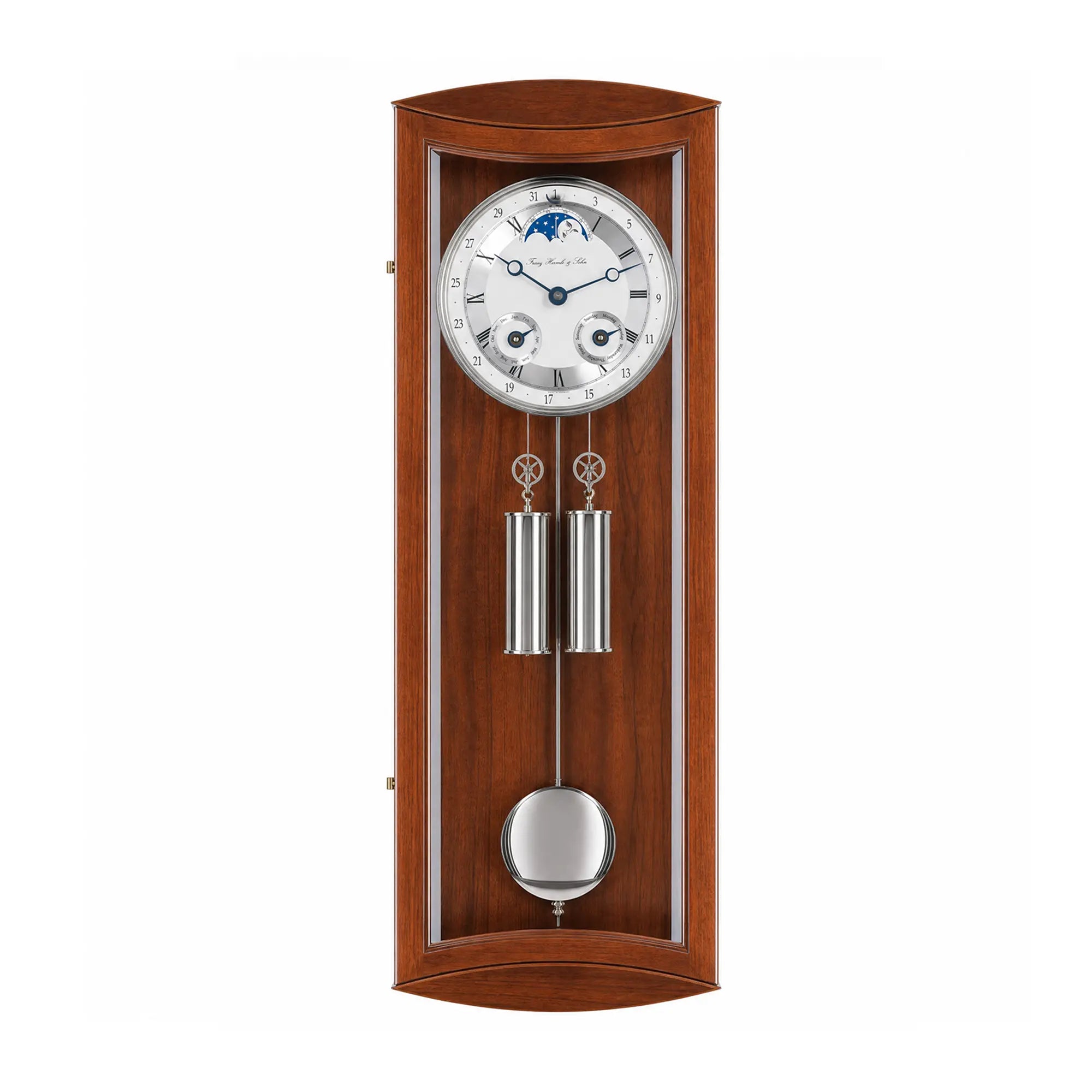 "Reloj de pared de madera con esfera redonda y péndulo en marco de cristal, caja marrón"