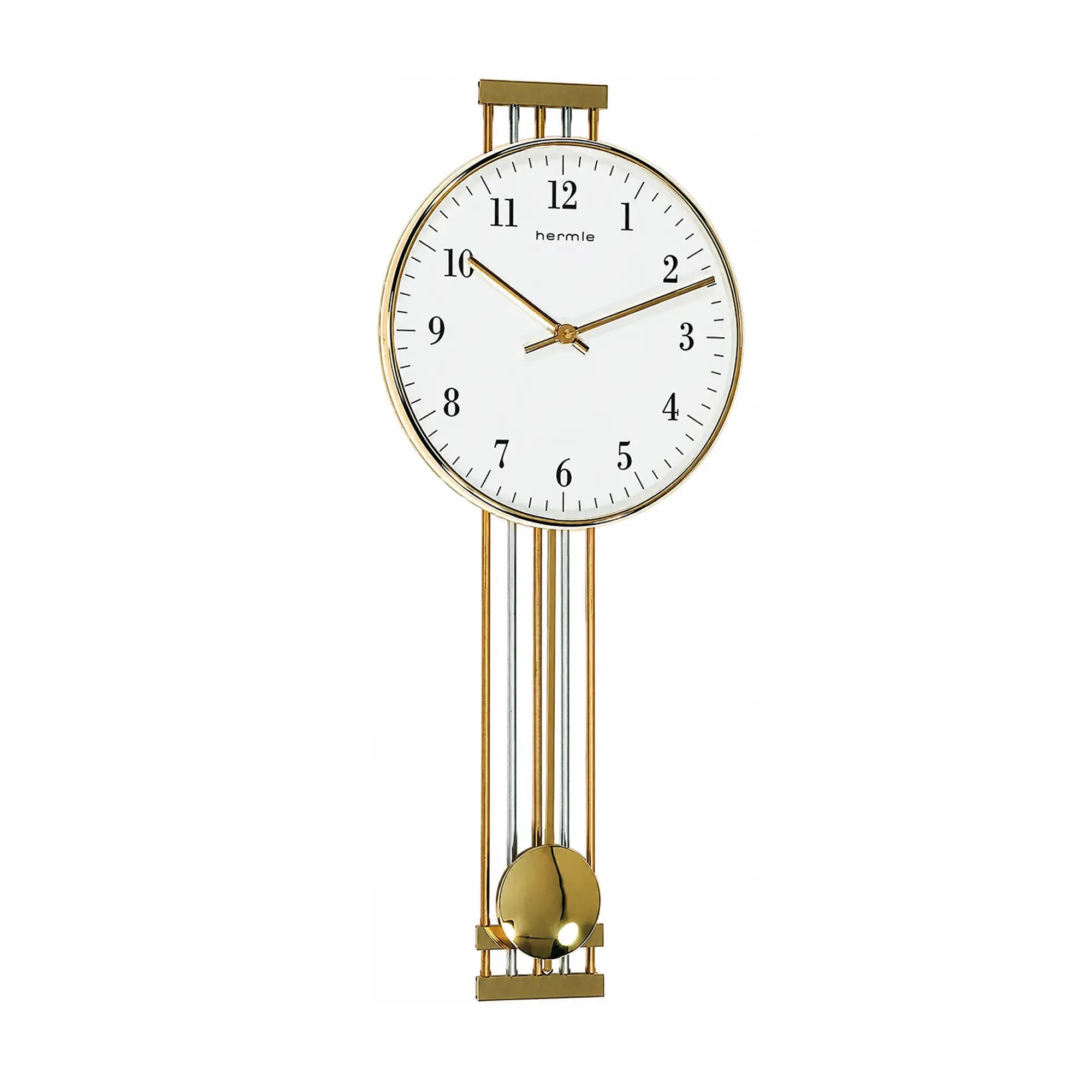 "Reloj de pared con caja redonda dorada, esfera blanca y varillas doradas para el péndulo."