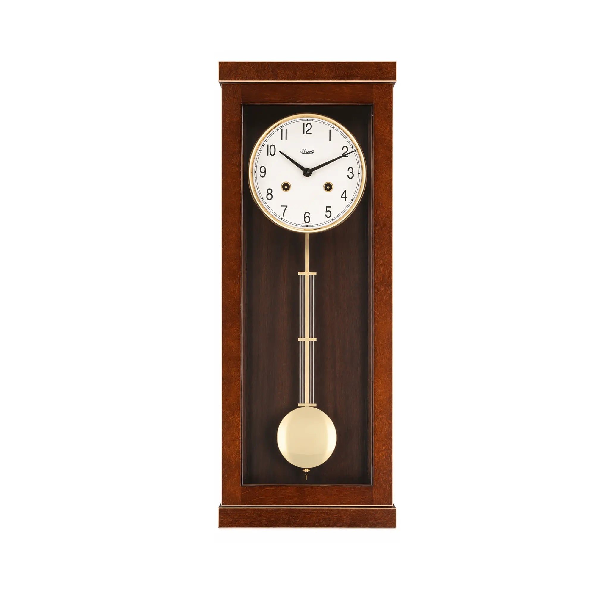 Reloj de pared Hermle de madera con esfera redonda y péndulo en cristal