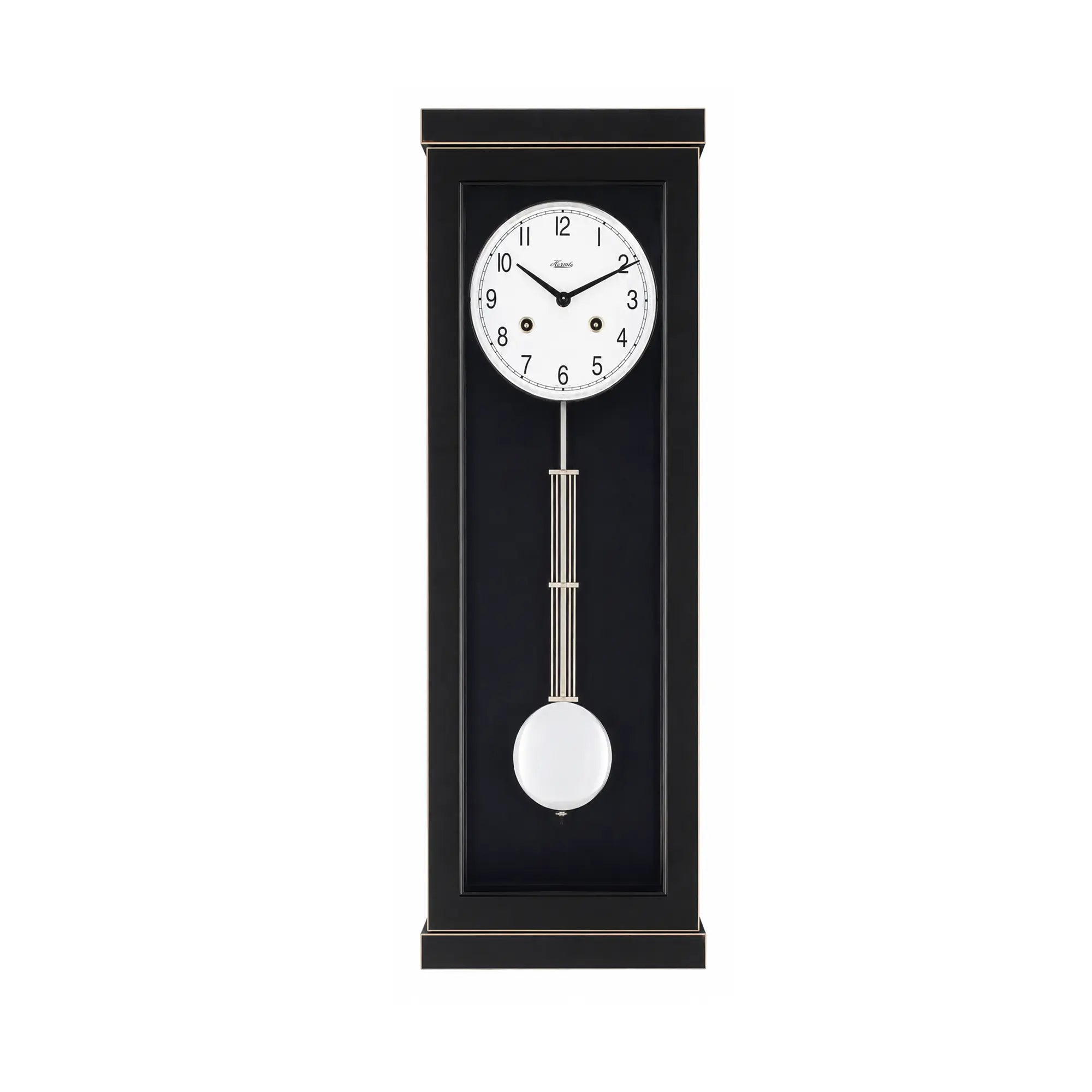 Reloj de pared con caja de madera negra, esfera blanca y péndulo de peso esférico