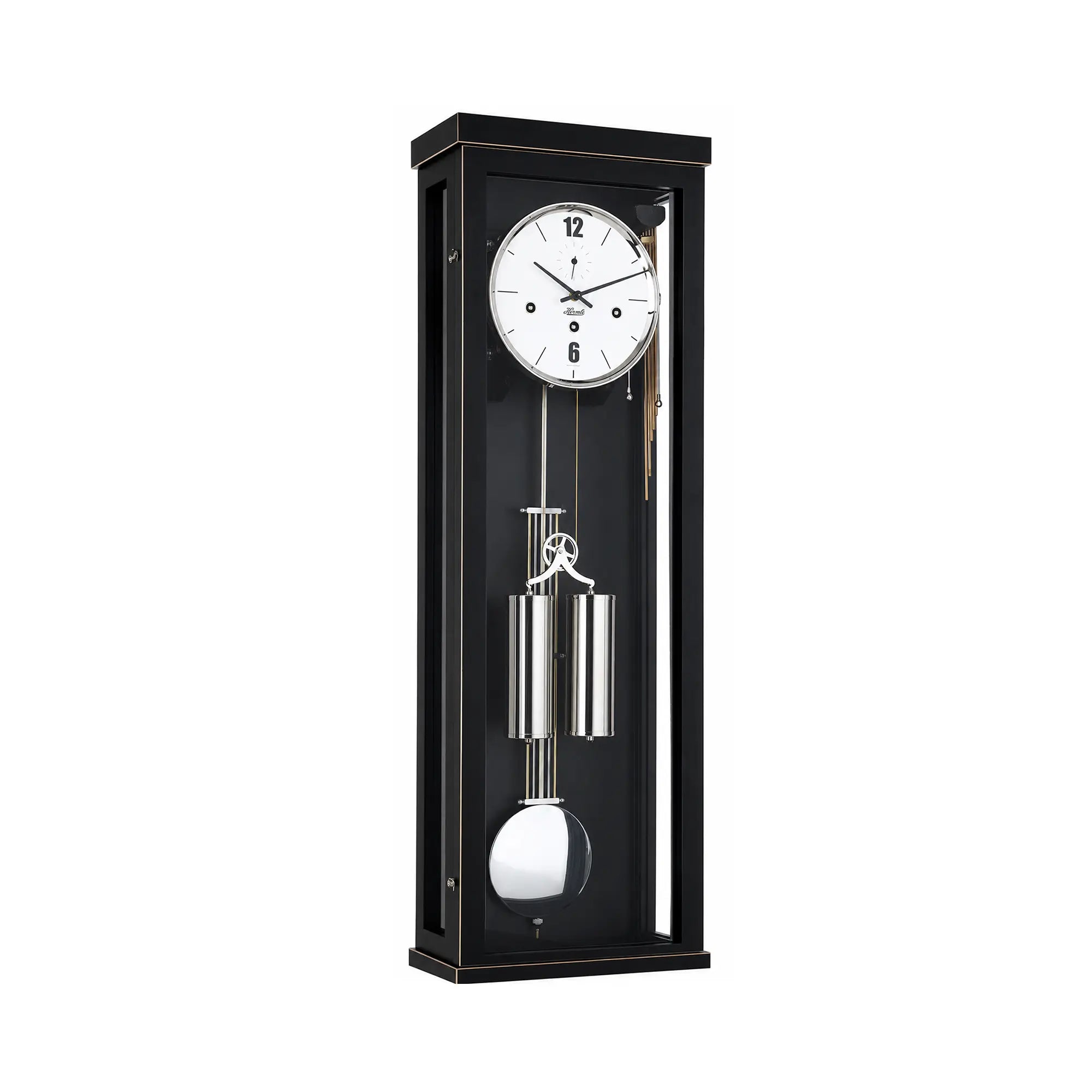 "Reloj de pared con caja negra, esfera redonda y varillas de sonido de péndulo"