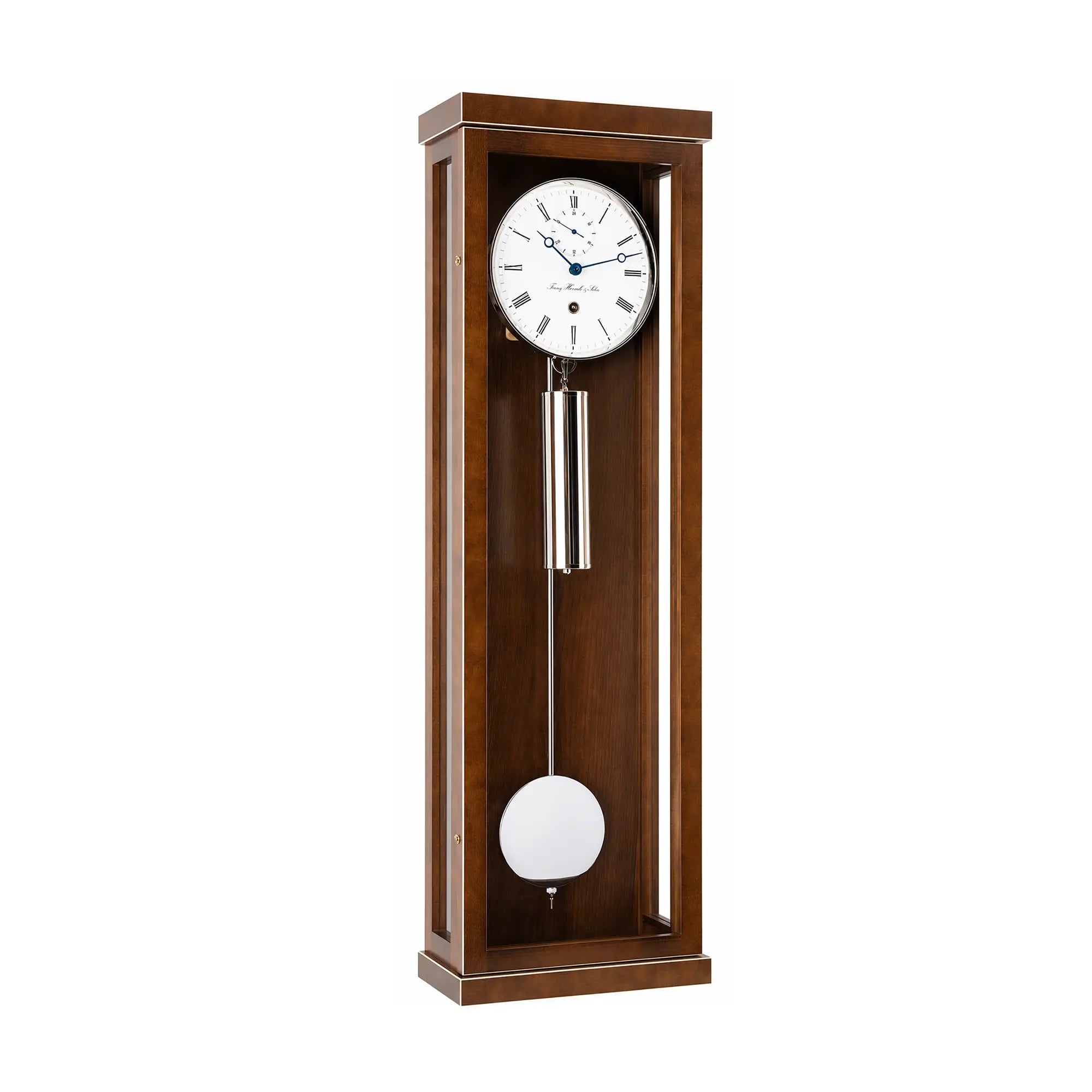 Reloj de pared de nogal con esfera blanca y péndulo