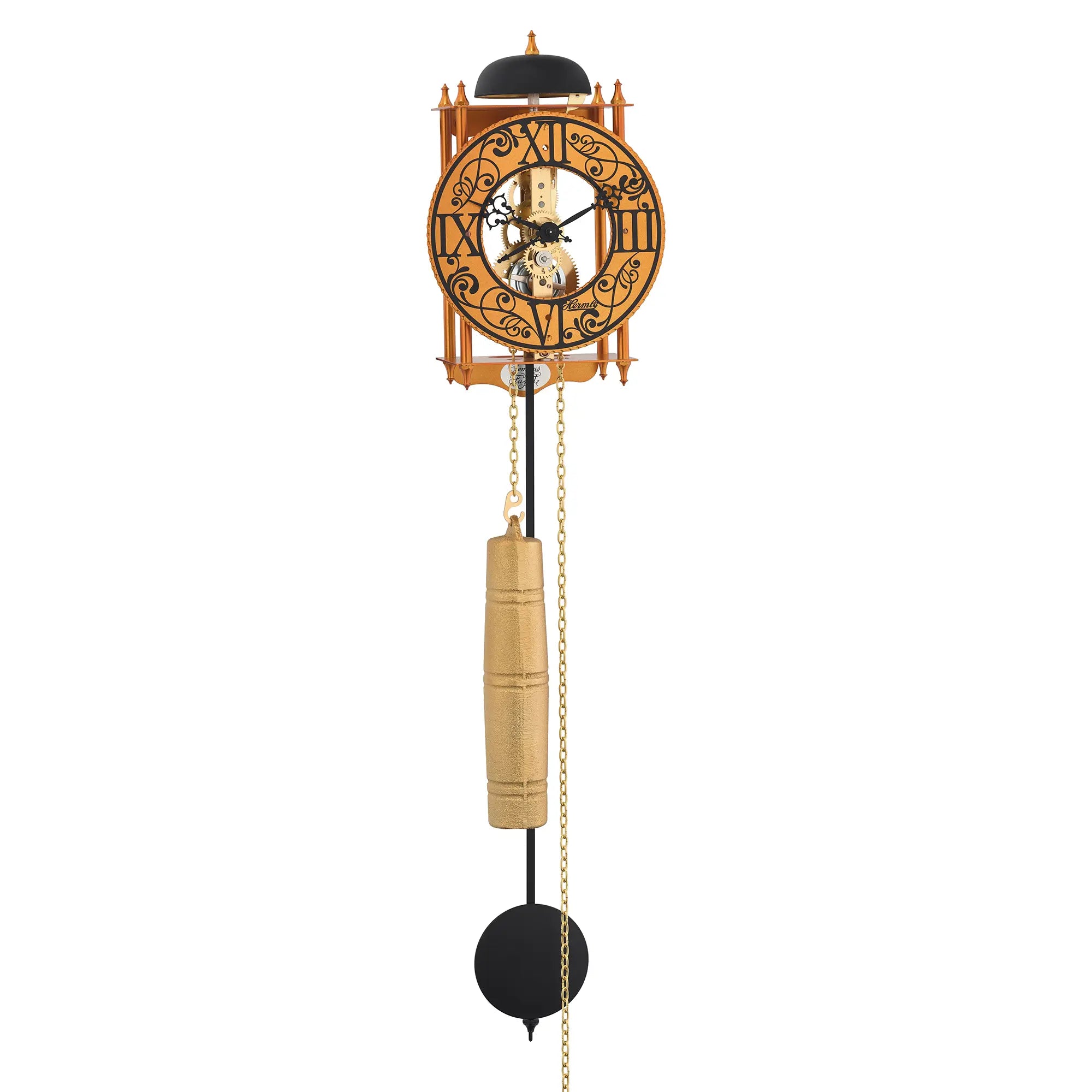 Reloj de pared con esfera redonda, números romanos, péndulo y cadena de metal