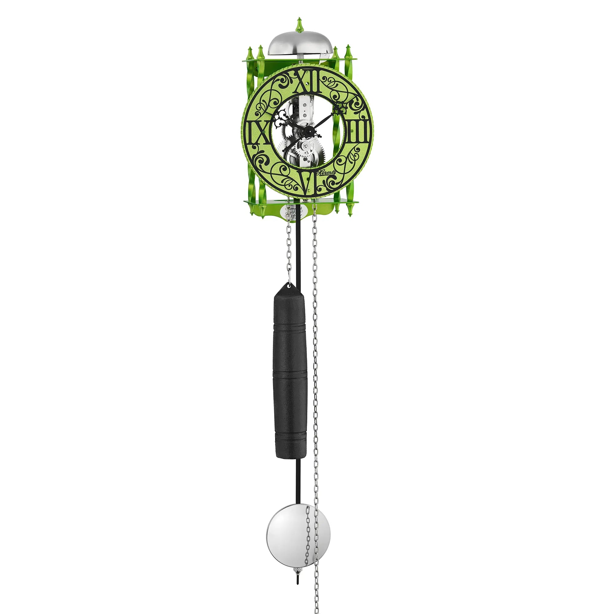 Reloj de pared verde con esfera romana y péndulo colgante en cadenas