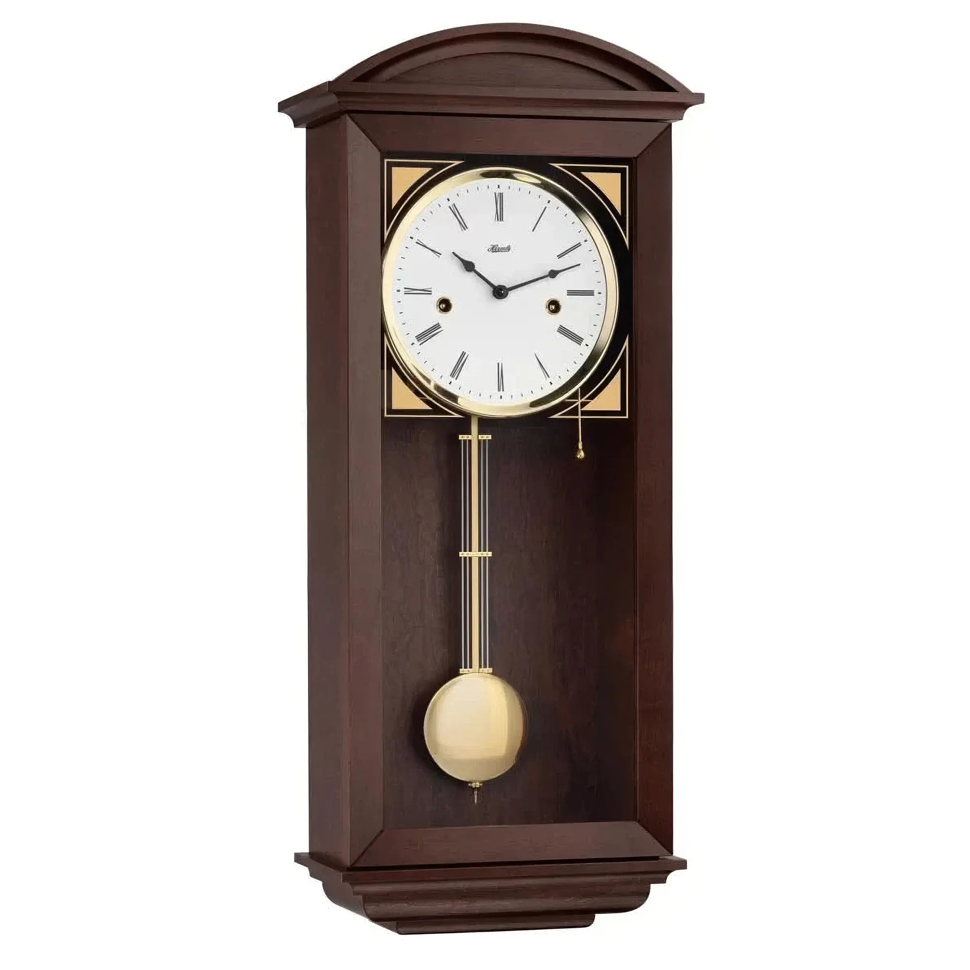Reloj de pared de madera con esfera blanca, números romanos y péndulo dorado