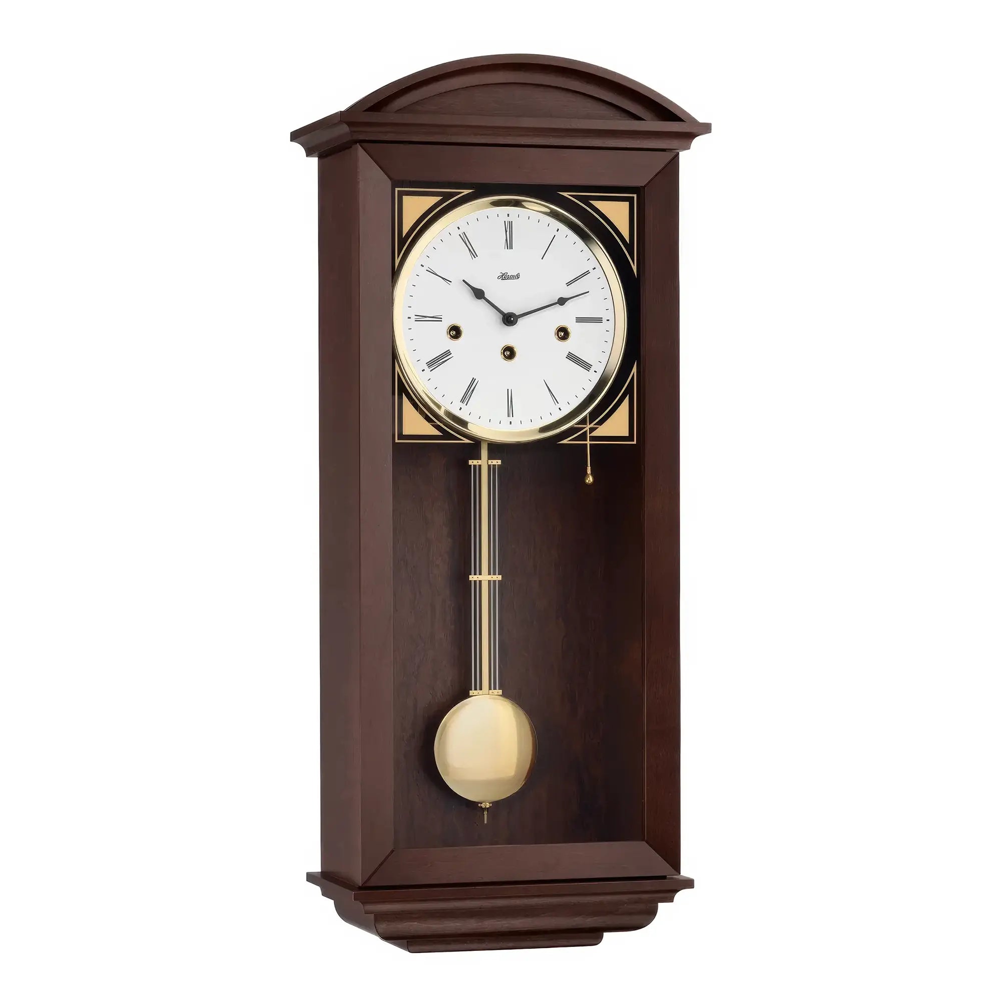 Reloj de pared de madera marrón oscuro con esfera redonda y péndulo