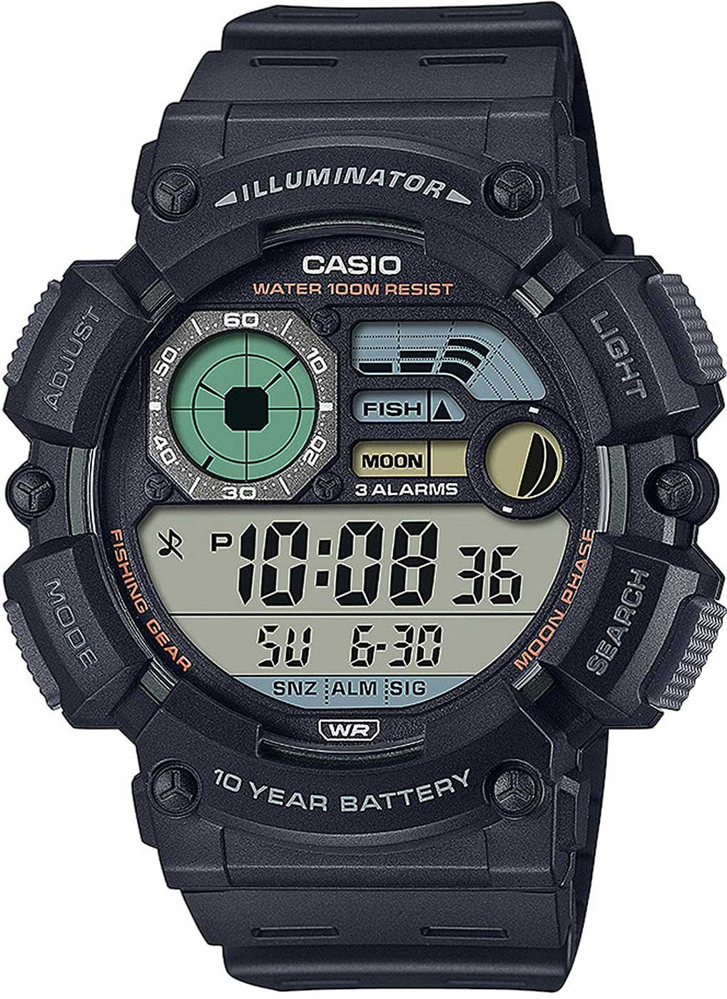 Reloj Casio para hombre con pantalla digital, caja negra, luz verde, 100 m.