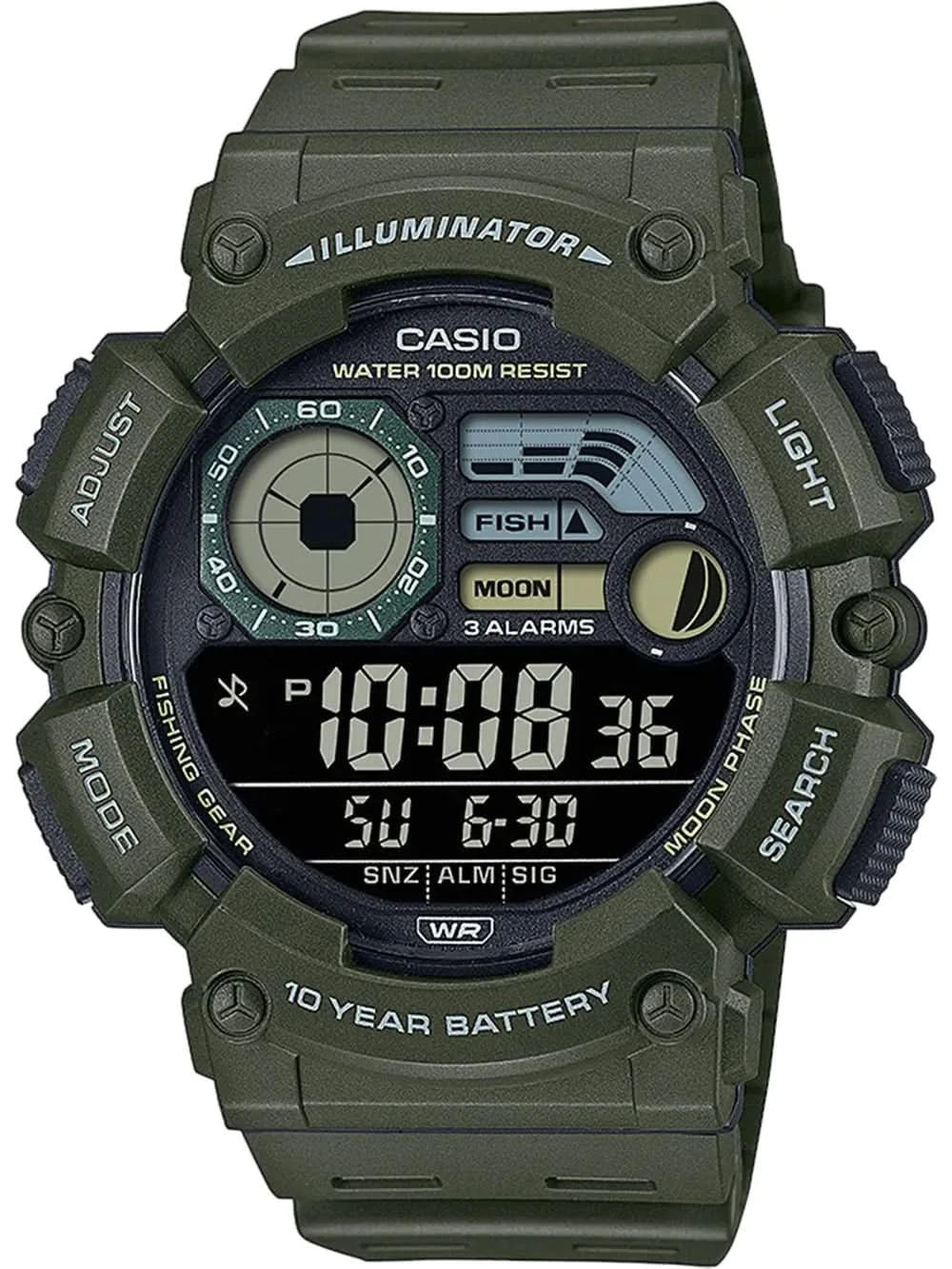 Casio Reloj para hombre con esfera digital, correa verde oscuro y botones