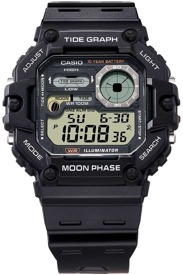 Casio Reloj para hombre con pantalla digital, caja y correa negras, datos de luna y mareas
