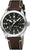 Reloj de hombre con correa de cuero marrón, esfera negra, índices y manecillas luminosos
