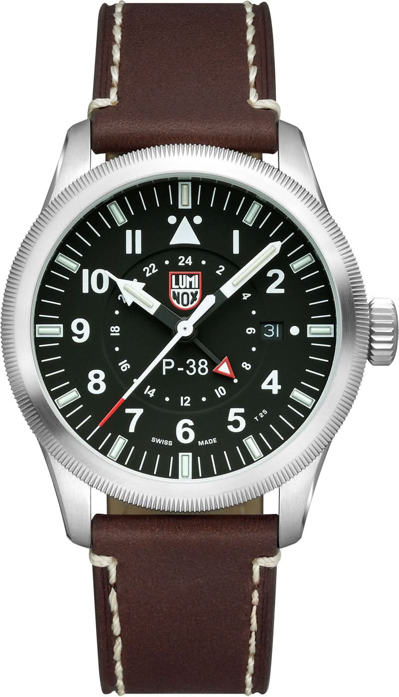 Reloj de hombre con correa de cuero marrón oscuro, esfera negra e índices luminosos