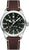 Reloj de hombre con correa de cuero marrón oscuro, esfera negra e índices luminosos