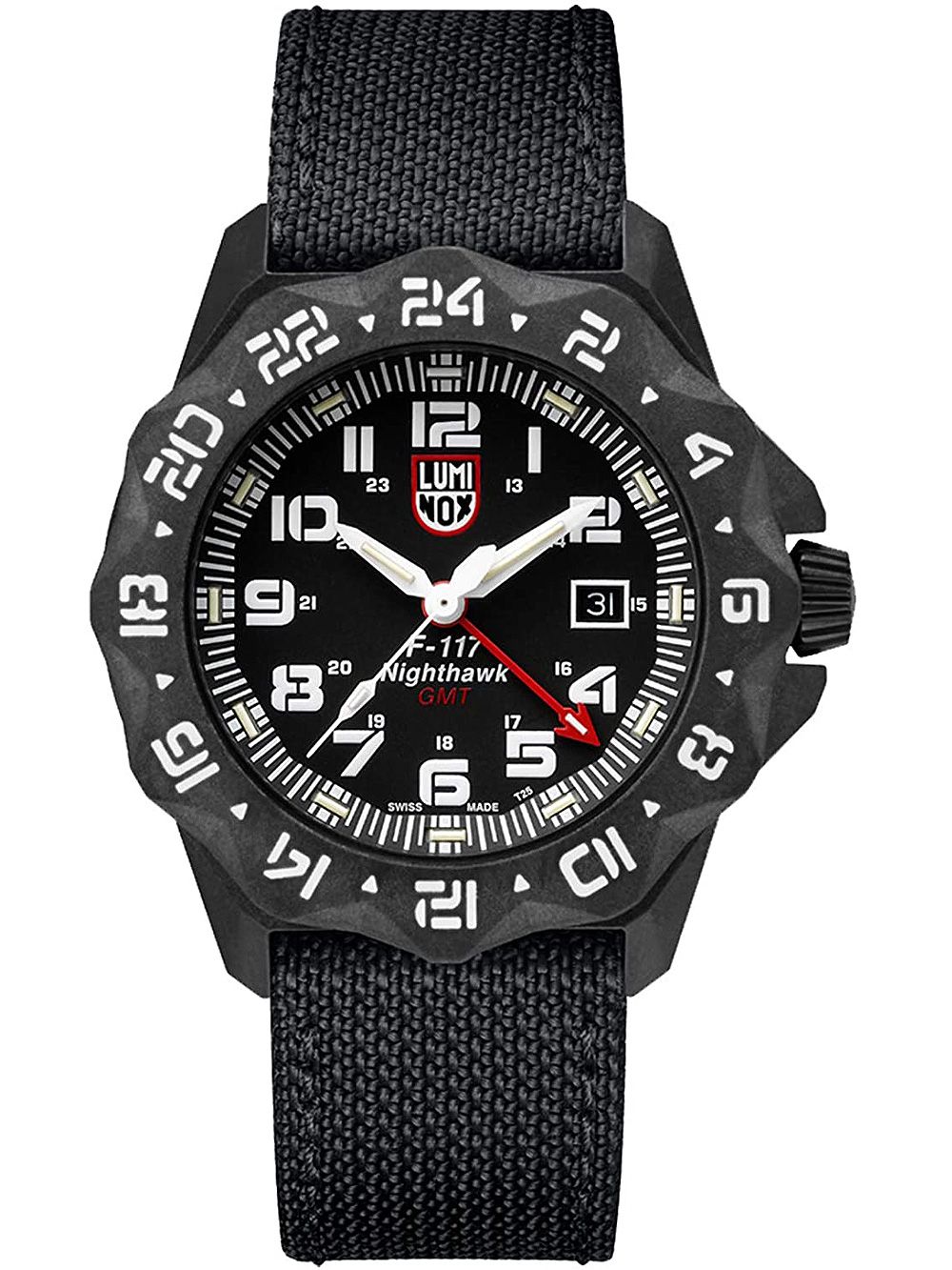 Herren-Armbanduhr mit schwarzem Zifferblatt, GMT-Anzeige und schwarzem Stoffarmband