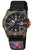 Reloj de hombre con caja marrón, correa negra y esfera negra; corona naranja