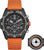 Pulsera de hombre con correa naranja, caja negra y detalle recortado en la parte delantera